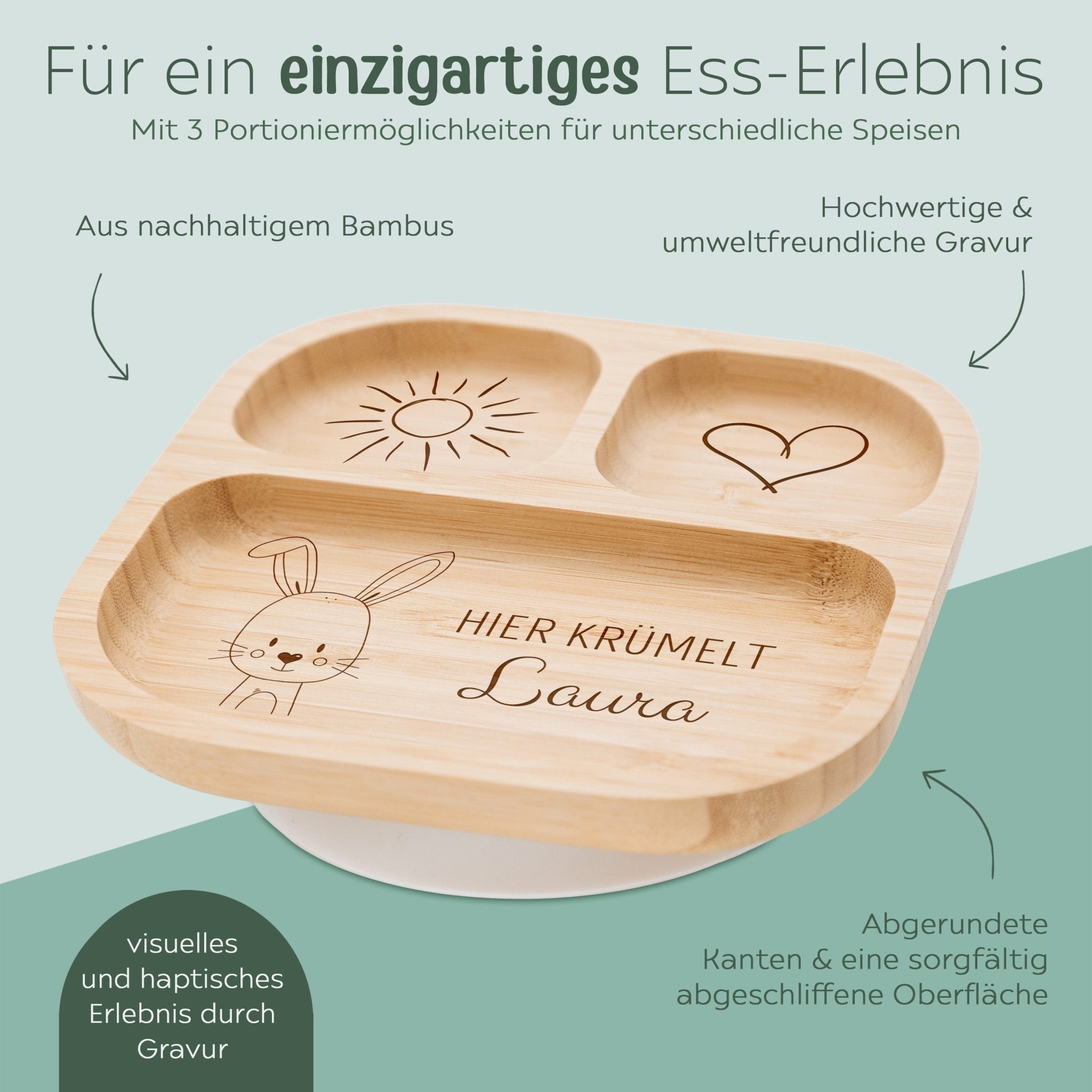 Kinderteller mit Saugnapf + Besteck - Sonnige Tierliebe Gravur - wunderwunsch