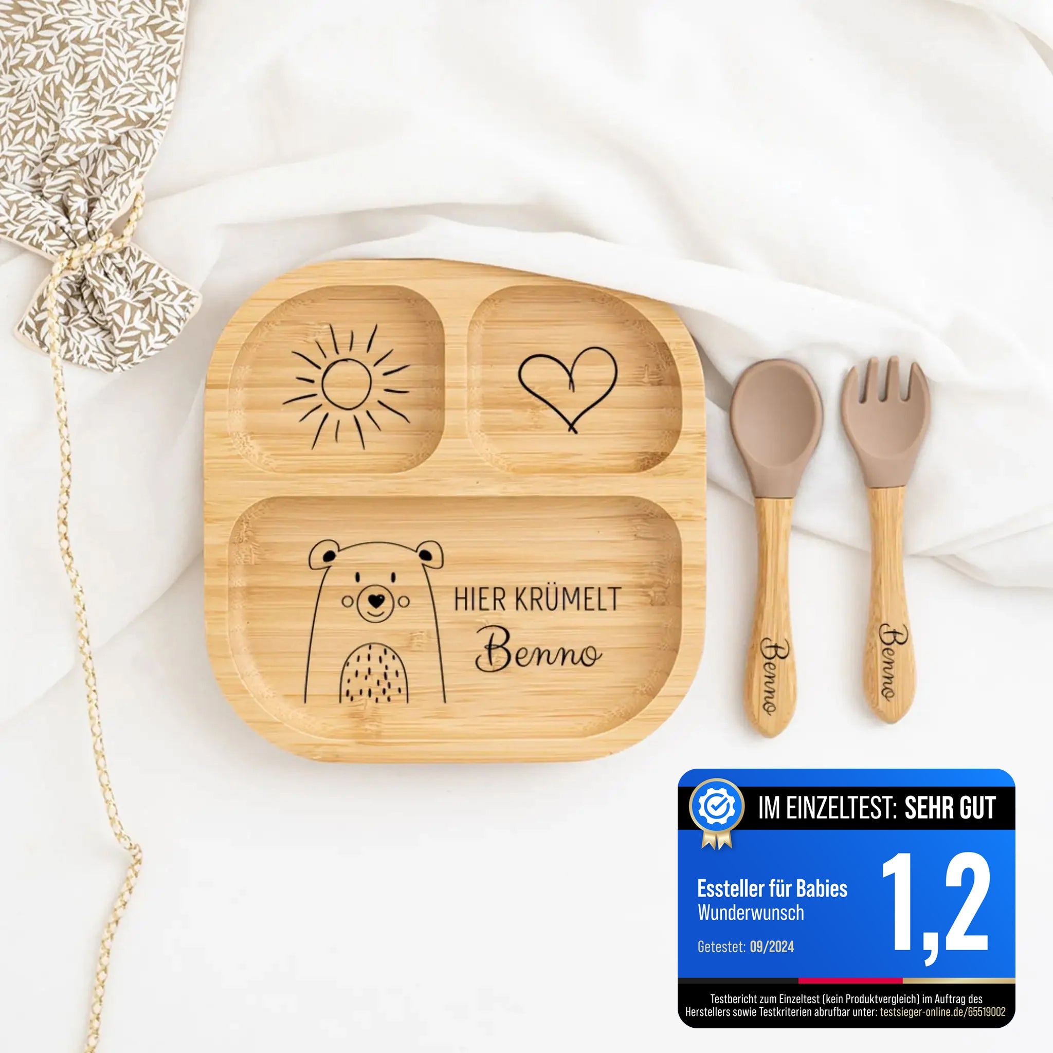 Kinderteller mit Saugnapf + Besteck - Sonnige Tierliebe Gravur - wunderwunsch