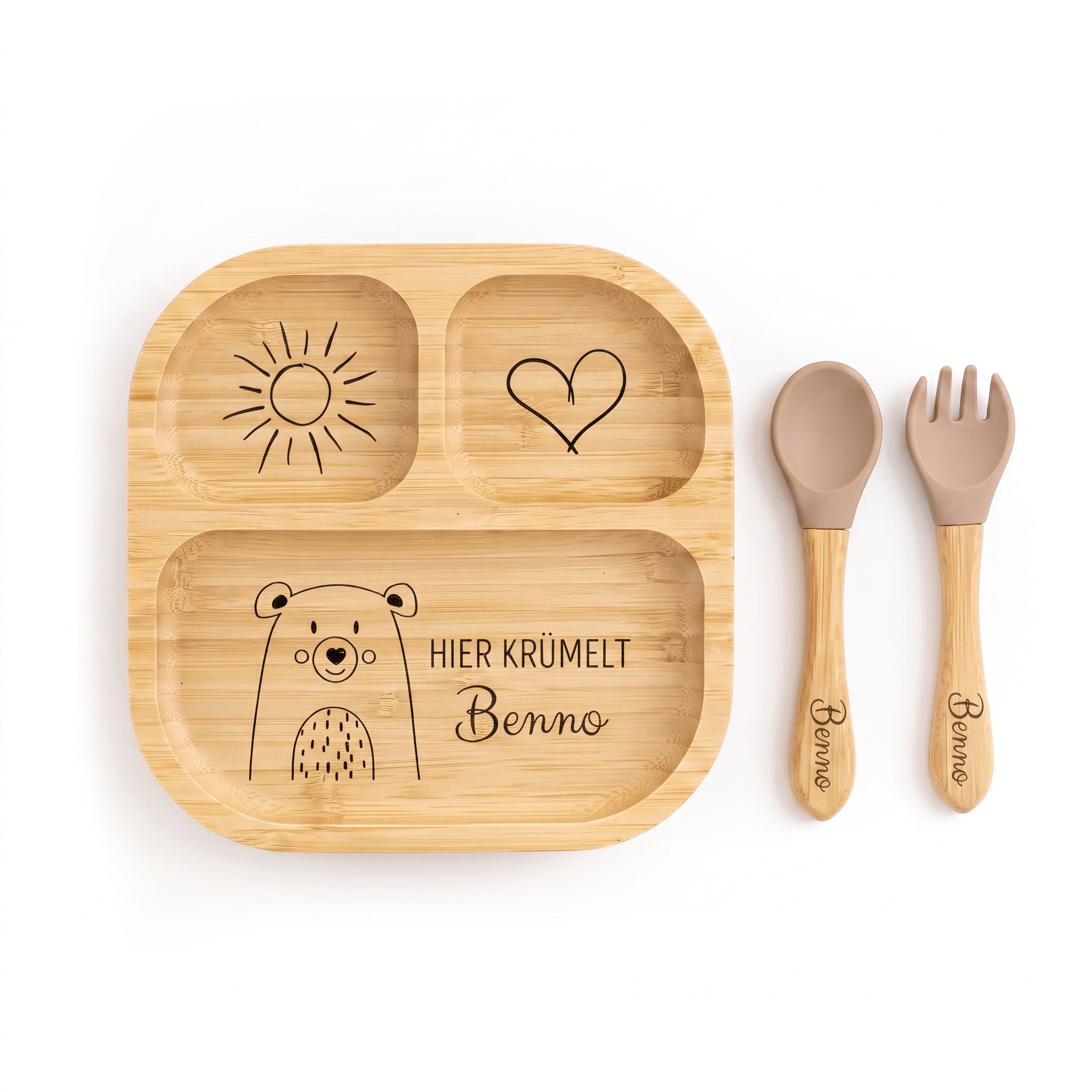 Kinderteller mit Saugnapf + Besteck - Sonnige Tierliebe Gravur