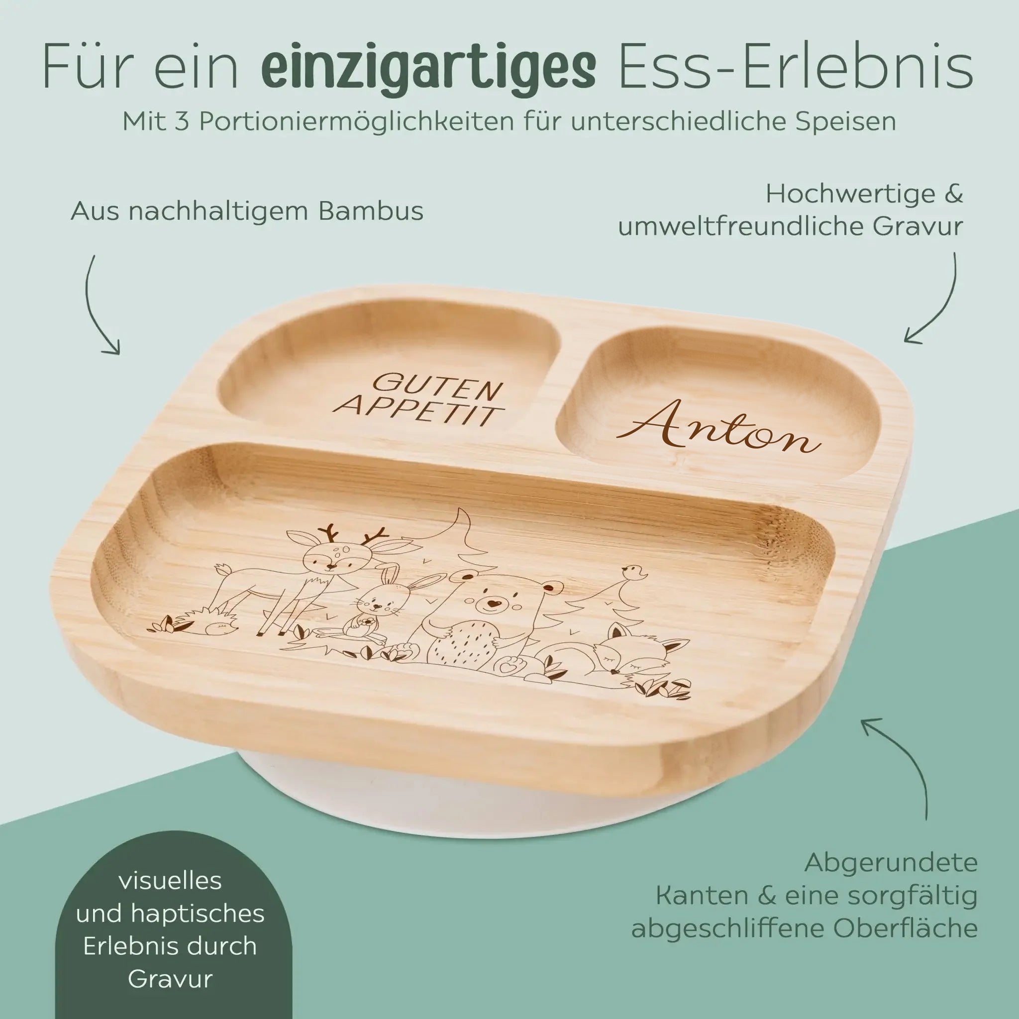 Kinderteller mit Saugnapf + Besteck - Waldfreunde Gravur - wunderwunsch