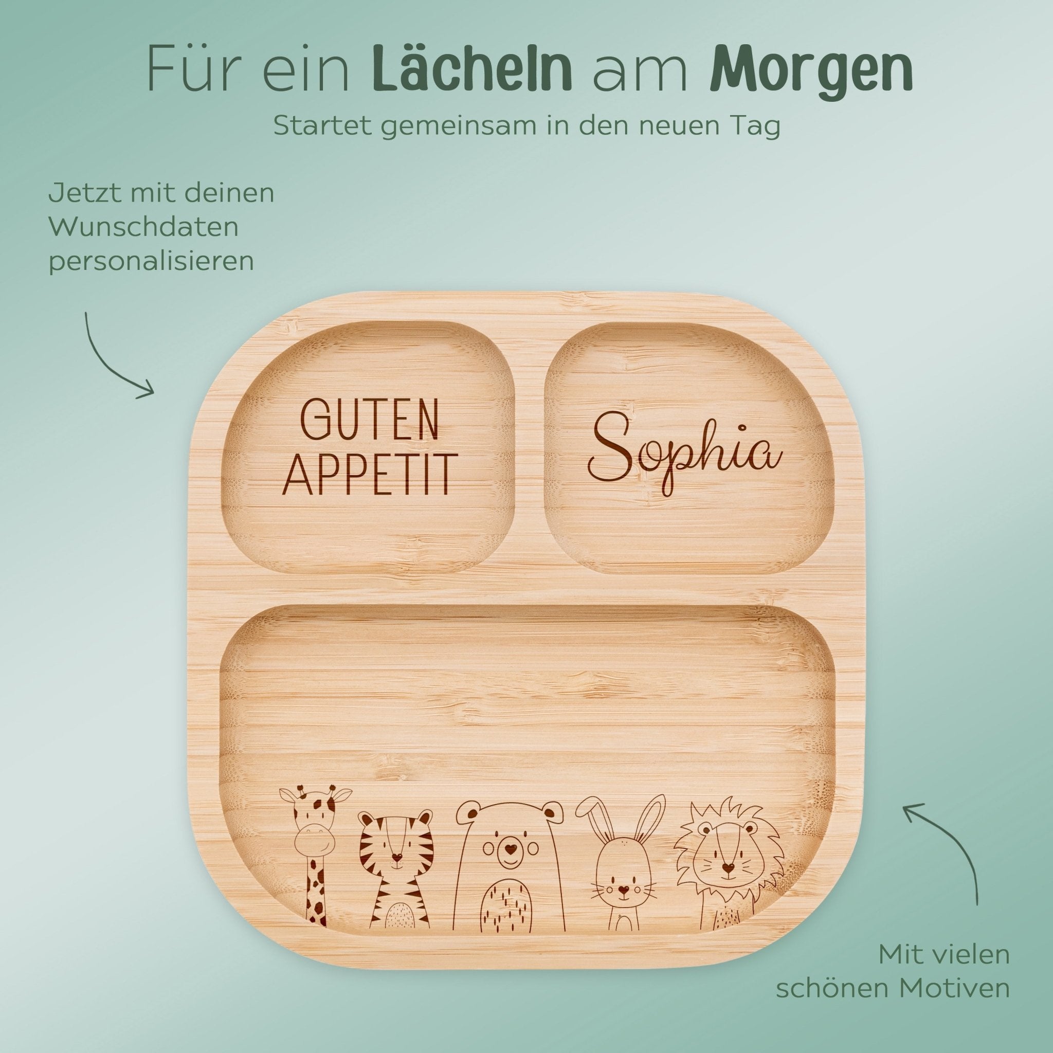 Kinderteller mit Saugnapf - Tiere unten Gravur - wunderwunsch