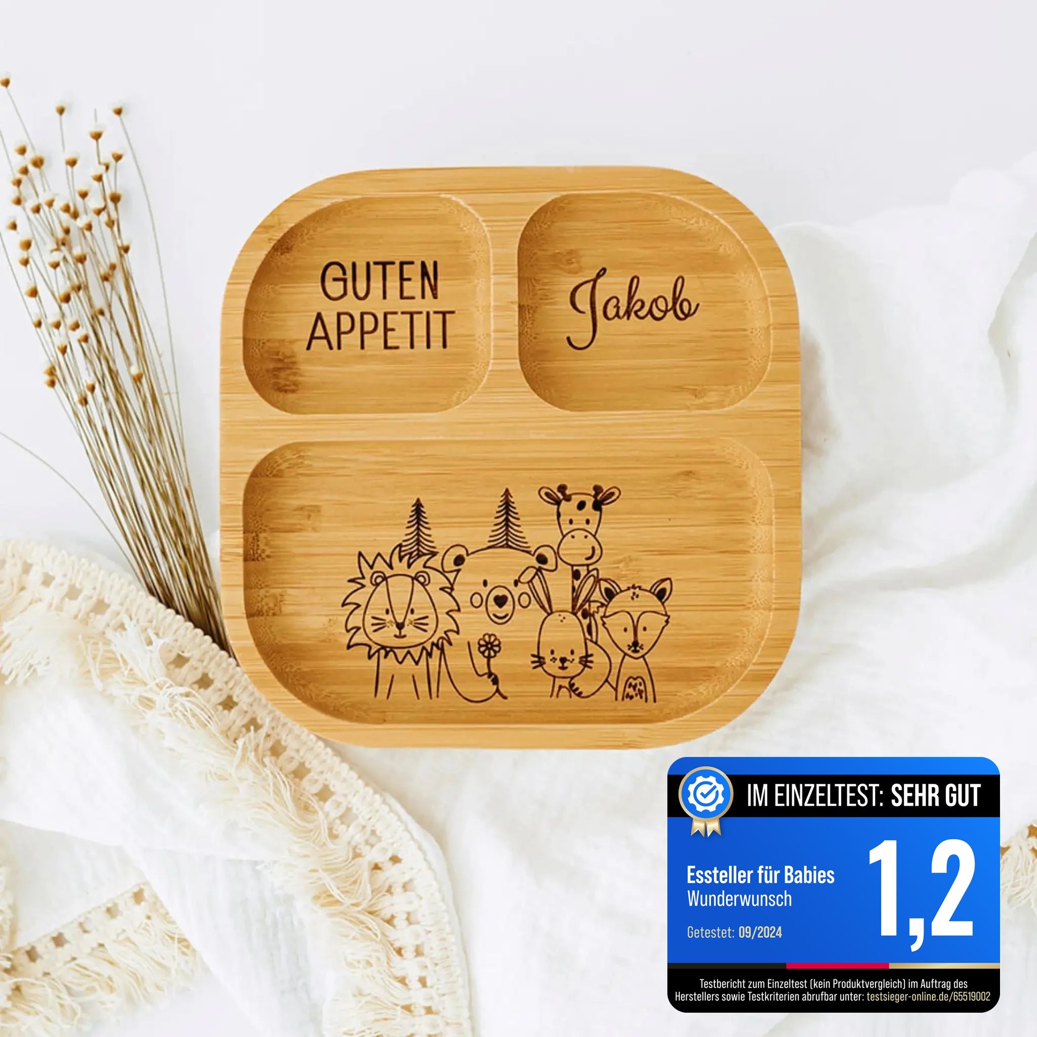 Kinderteller mit Saugnapf - Tierfamilie Blume Gravur - wunderwunsch