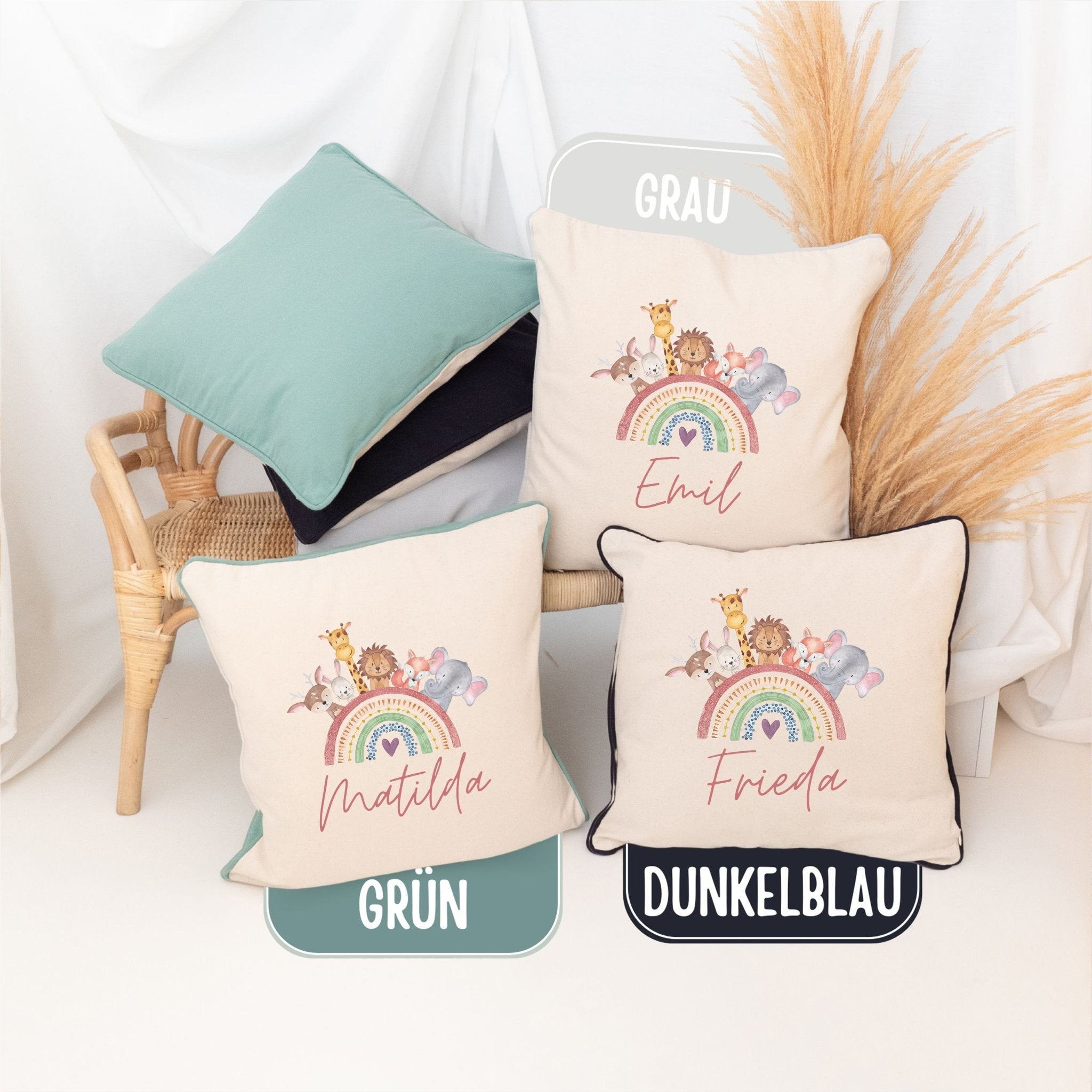 Kissen Baumwolle "Regenbogen Tiere" personalisiert - wunderwunsch