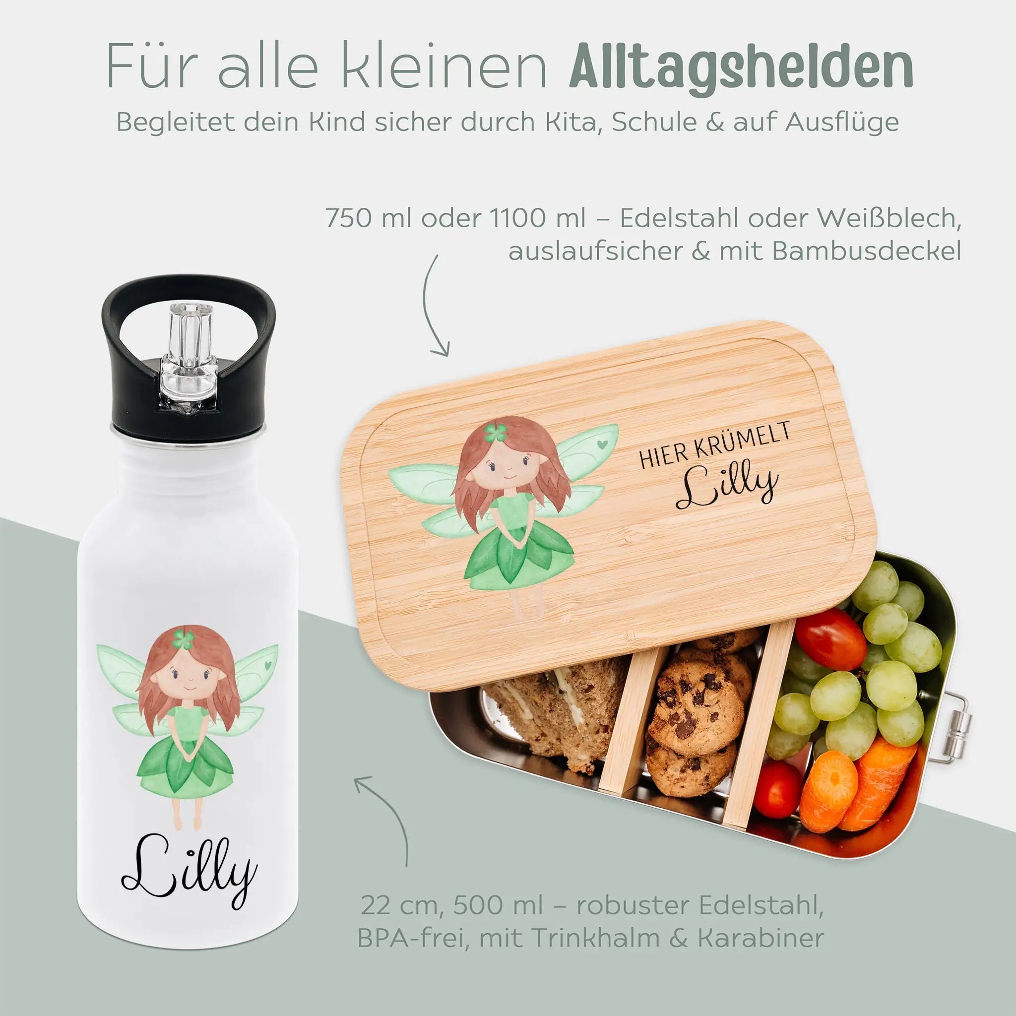 Kita - / Schul - Start Bundle - Brotdose + Kinder Trinkflasche weiß personalisiert - Fee Aquarell - wunderwunsch