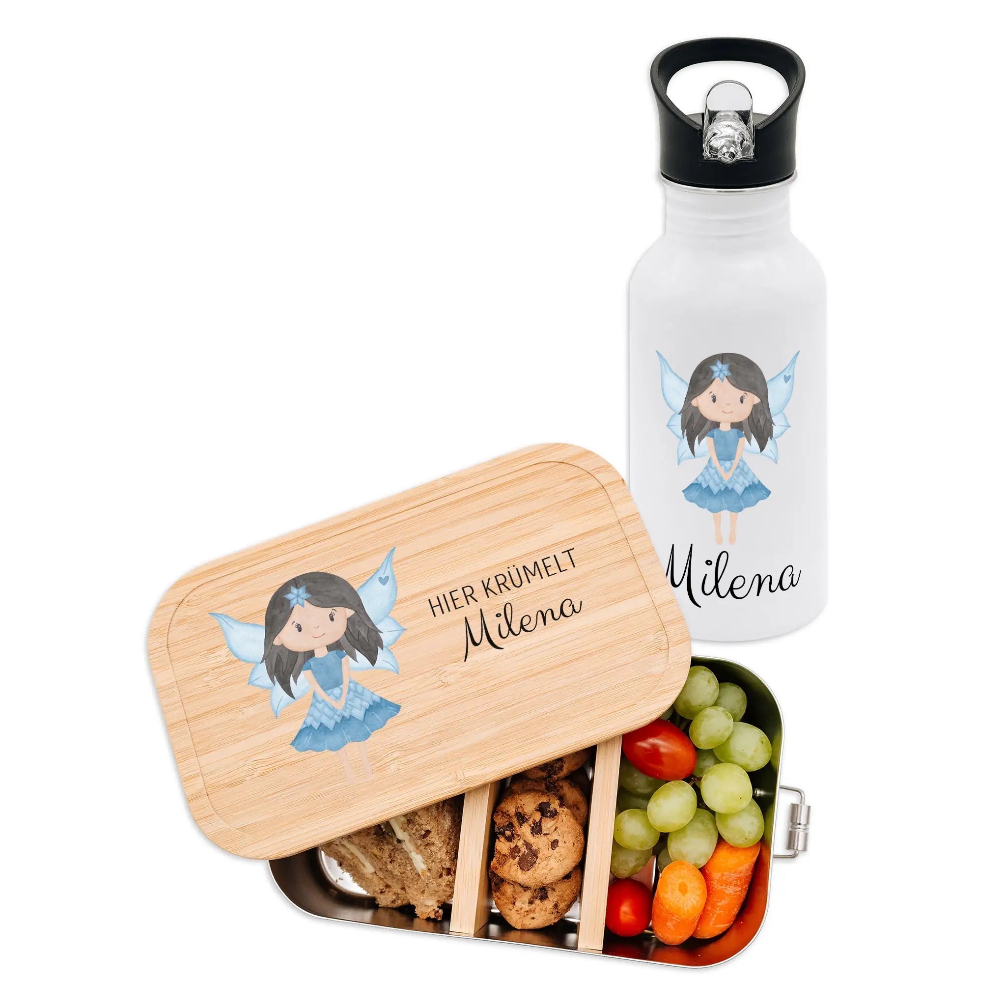 Kita - / Schul - Start Bundle - Brotdose + Kinder Trinkflasche weiß personalisiert - Fee Aquarell - wunderwunsch