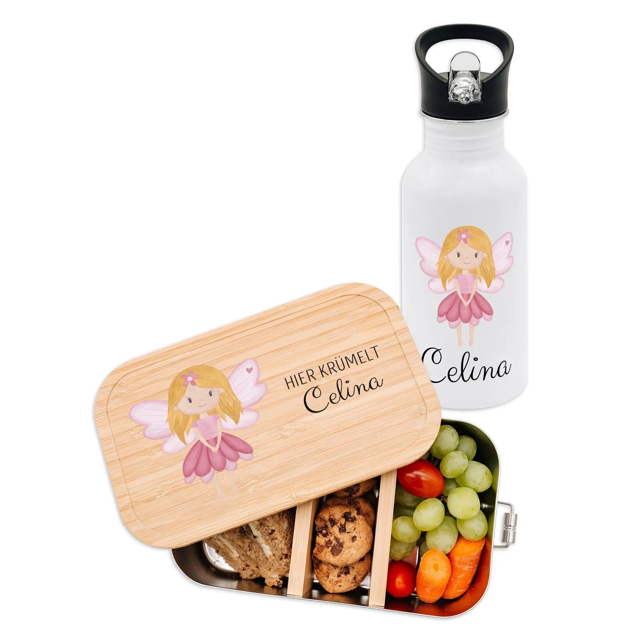 Kita - / Schul - Start Bundle - Brotdose + Kinder Trinkflasche weiß personalisiert - Fee Aquarell - wunderwunsch