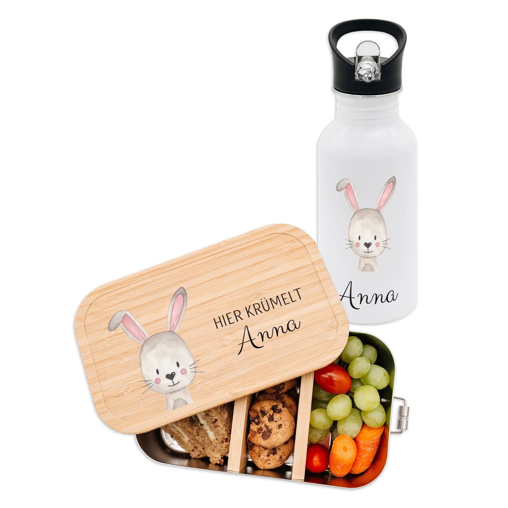 Kita - / Schul - Start Bundle - Brotdose + Kinder Trinkflasche weiß personalisiert - Tier Aquarell - wunderwunsch