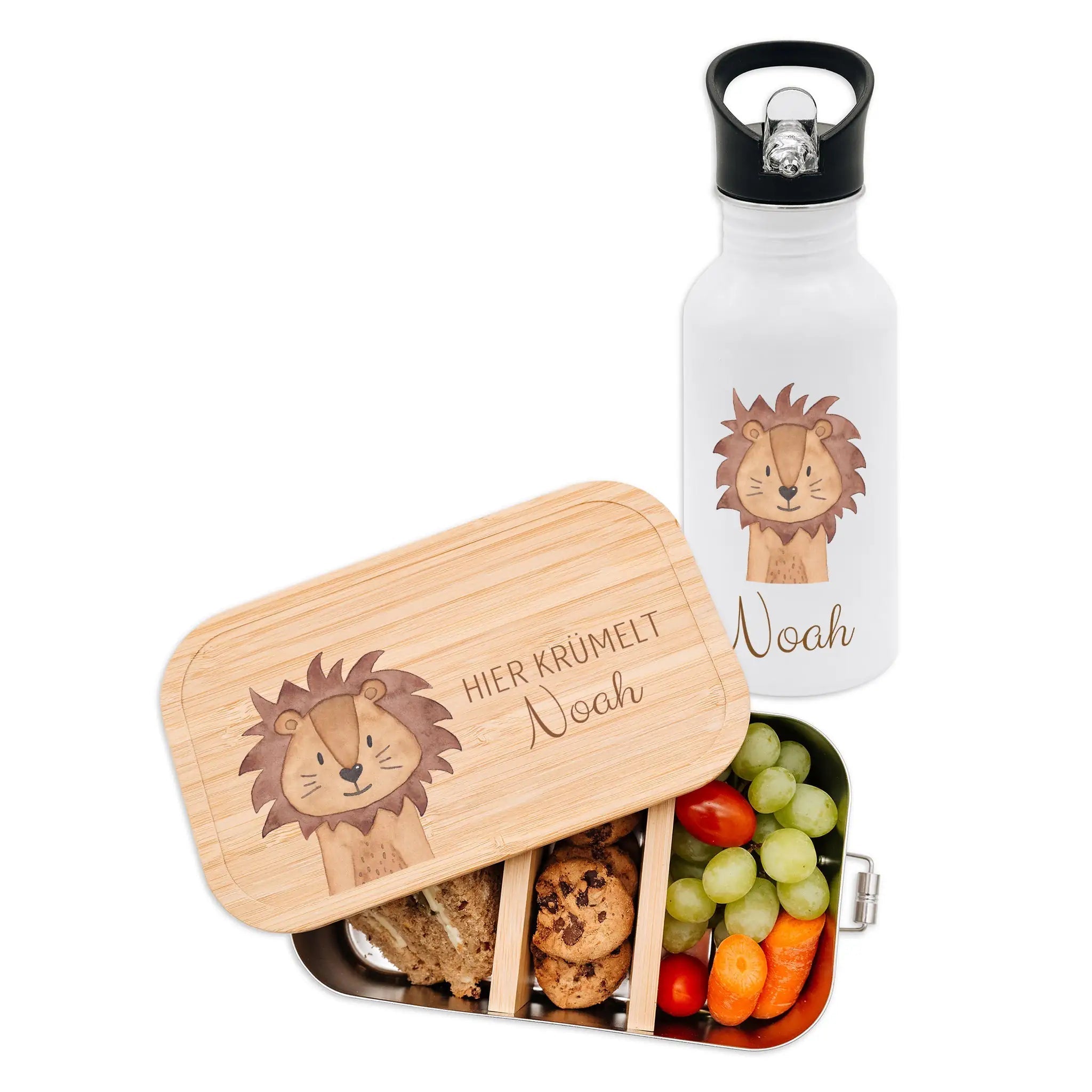 Kita - / Schul - Start Bundle - Brotdose + Kinder Trinkflasche weiß personalisiert - Tier Aquarell - wunderwunsch