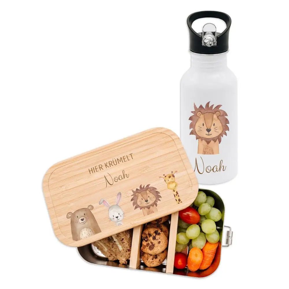 Kita - / Schul - Start Bundle - Brotdose + Kinder Trinkflasche weiß personalisiert - Tiere unten Aquarell - wunderwunsch