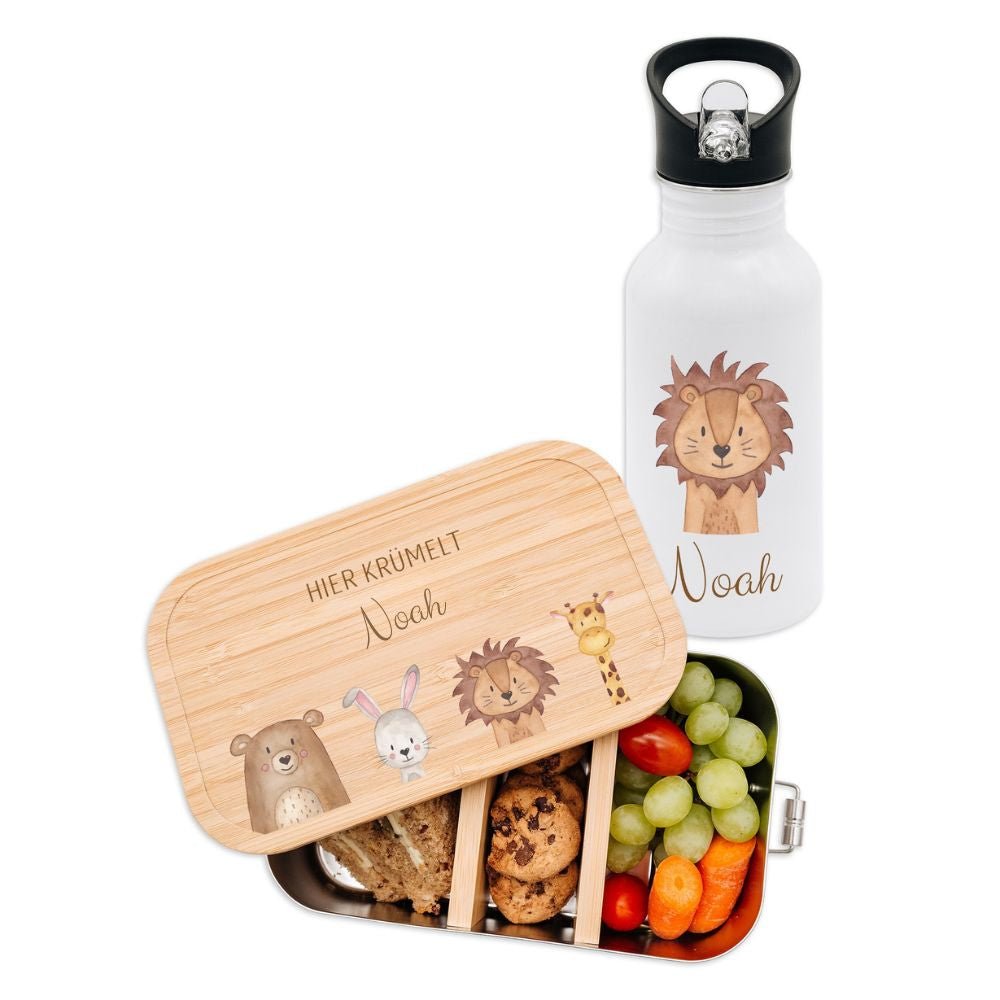 Kita - / Schul - Start Bundle - Brotdose + Kinder Trinkflasche weiß personalisiert - Tiere unten Aquarell - wunderwunsch