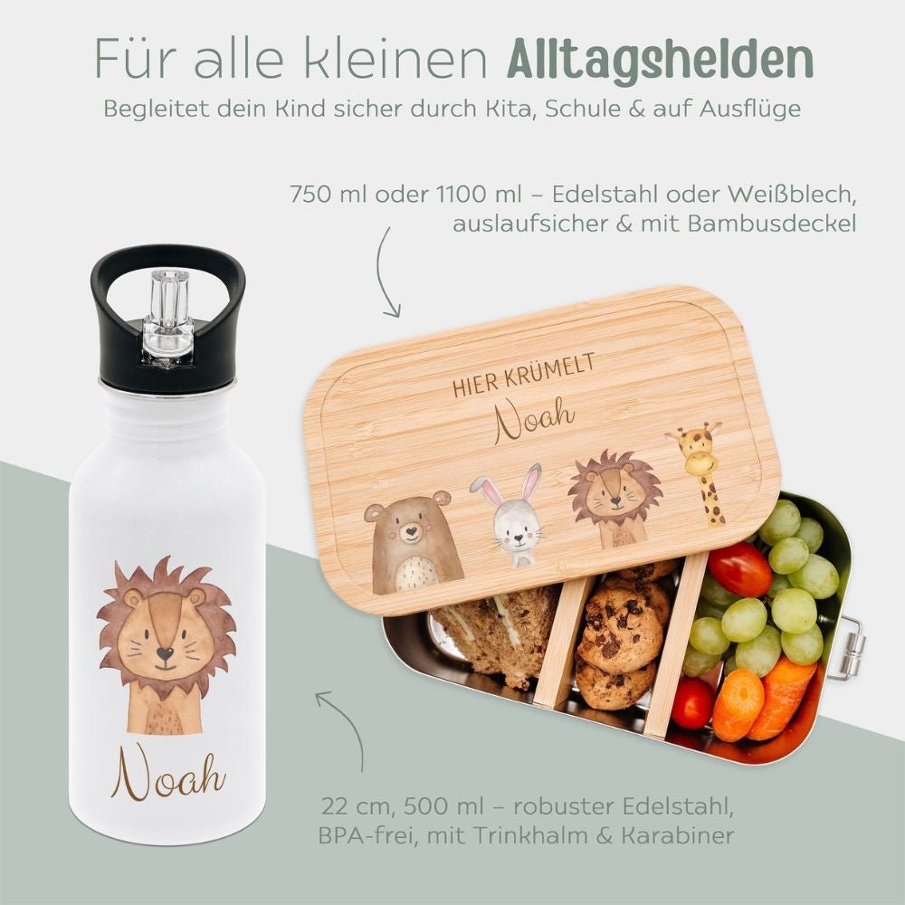 Kita - / Schul - Start Bundle - Brotdose + Kinder Trinkflasche weiß personalisiert - Tiere unten Aquarell - wunderwunsch