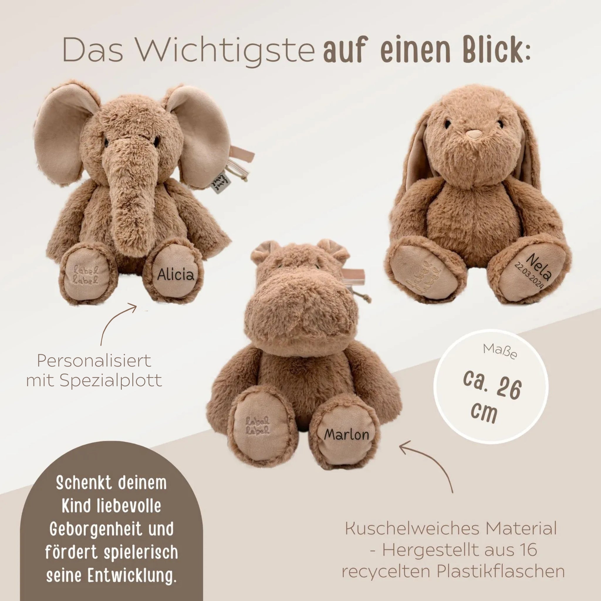 Kuscheltiere nougat - Nilpferd, Hase, Elefant personalisierbar - wunderwunsch