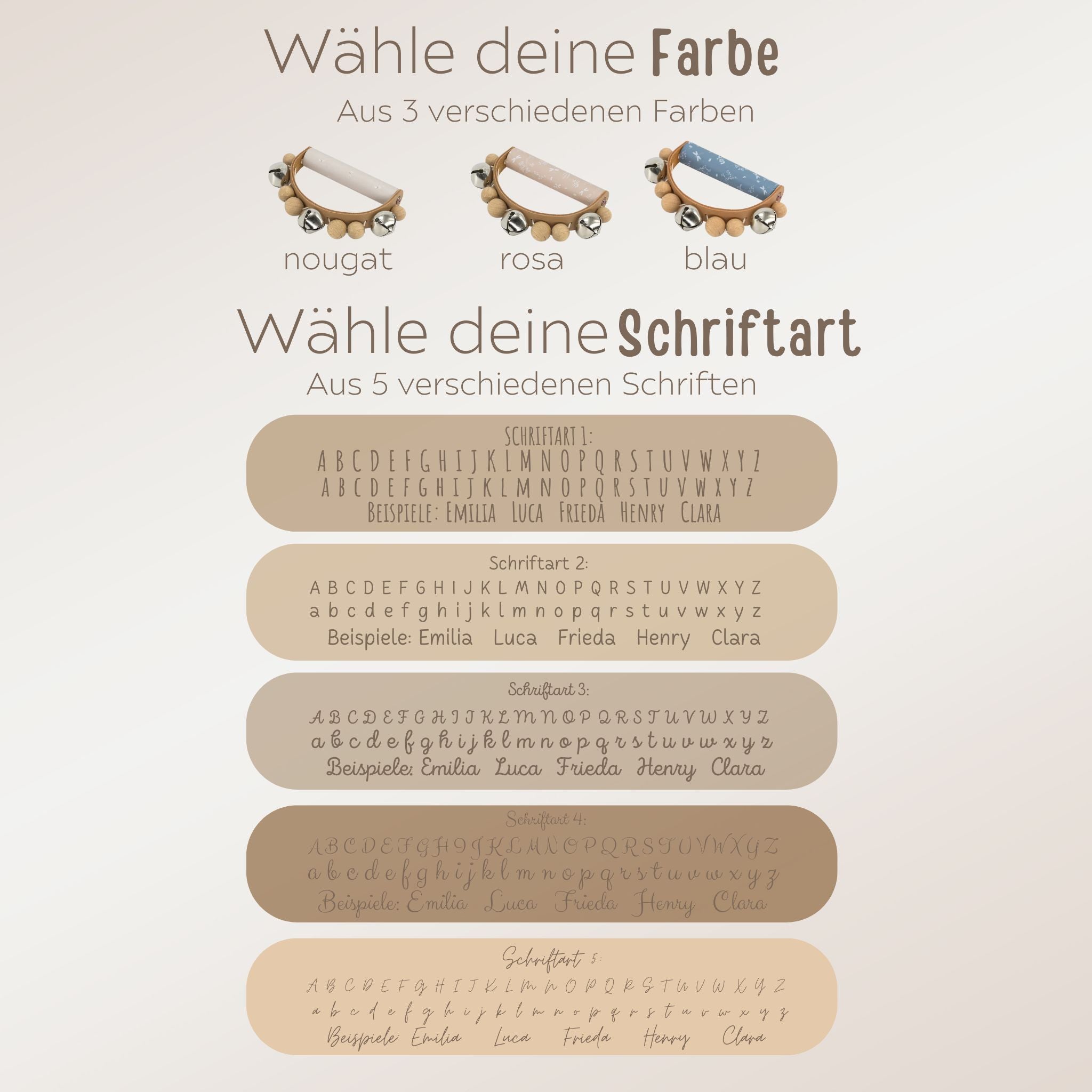 LABEL LABEL Glöckchen Rassel personalisiert - rosa, blau oder nougat - wunderwunsch