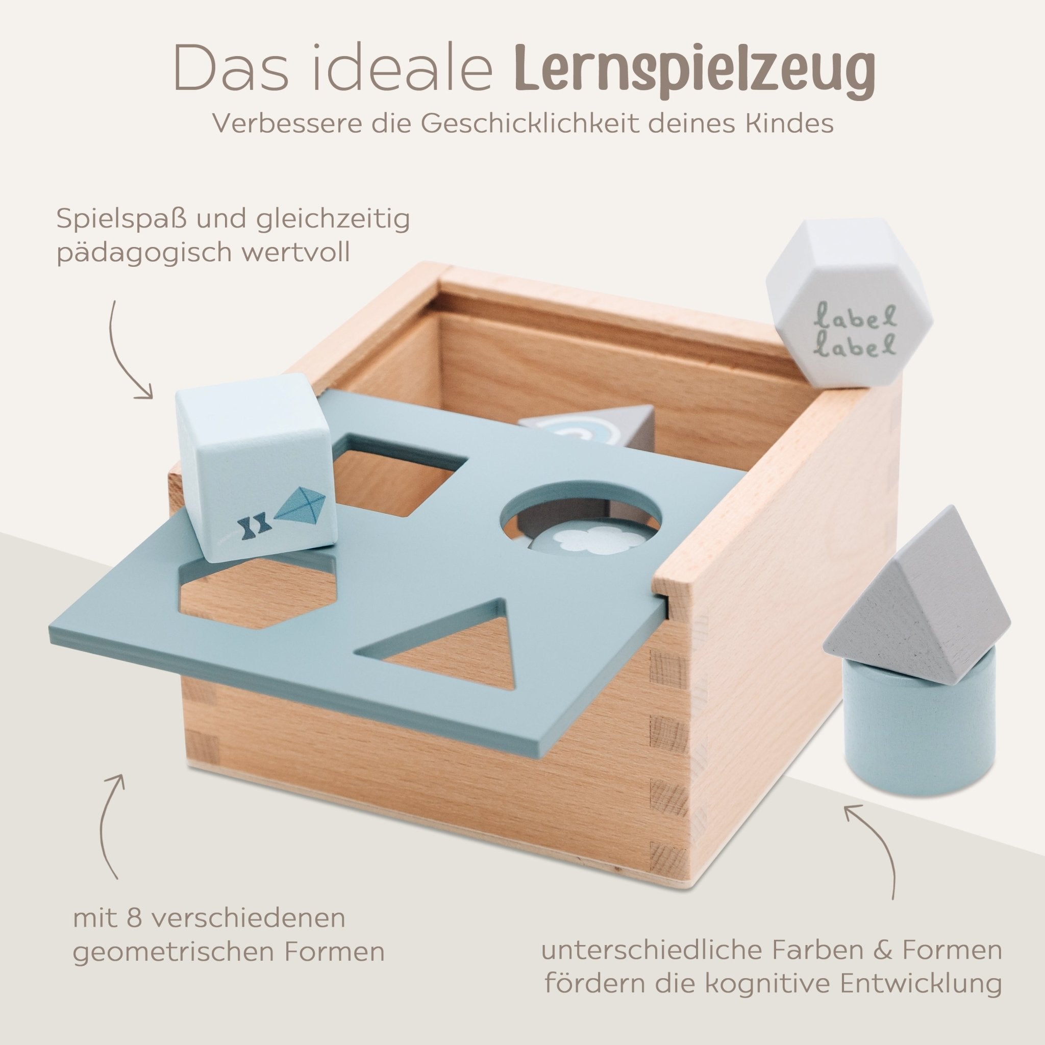 LABEL LABEL Sortierspiel Formen eckig personalisiert - rosa, blau und beige - wunderwunsch