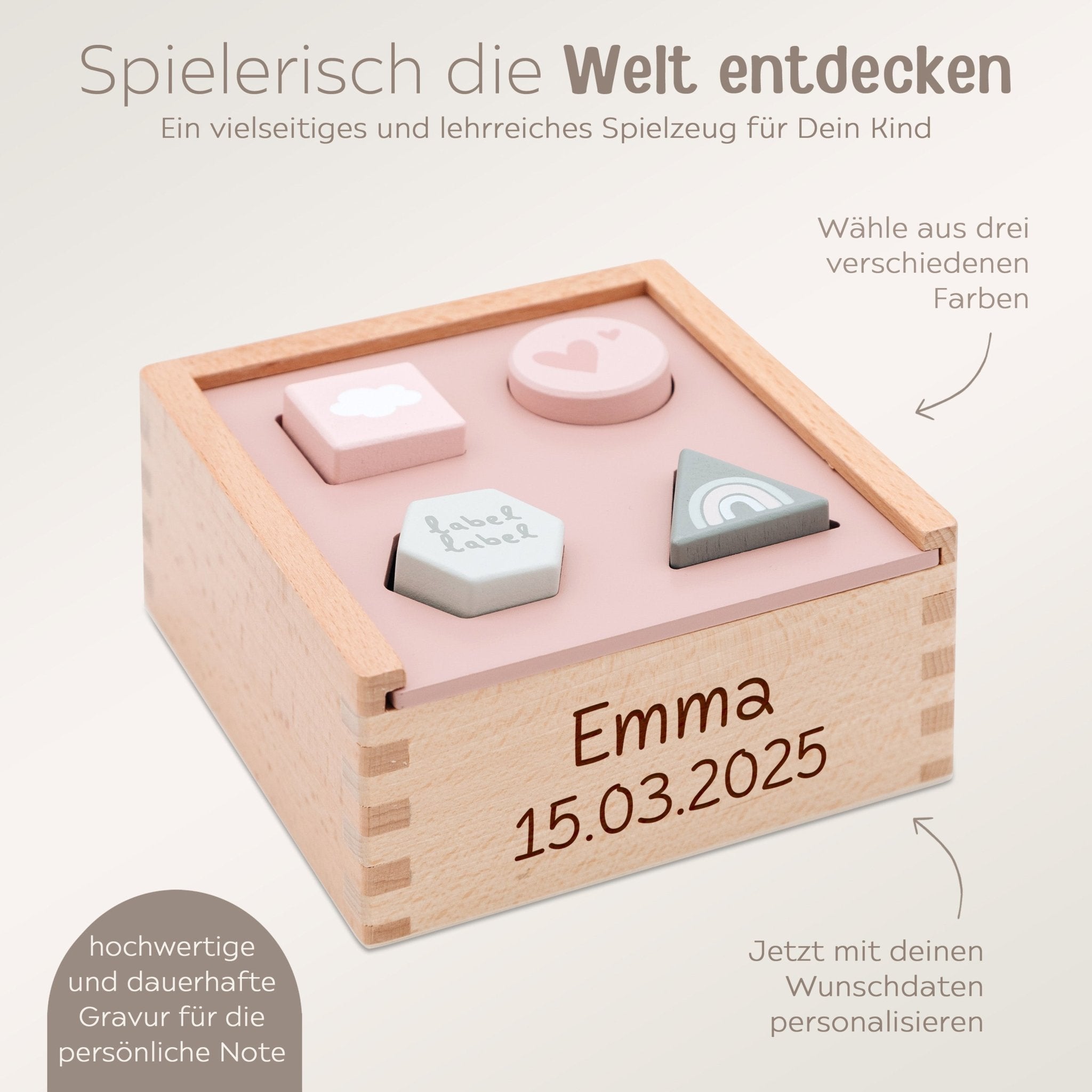 LABEL LABEL Sortierspiel Formen eckig personalisiert - rosa, blau und beige - wunderwunsch