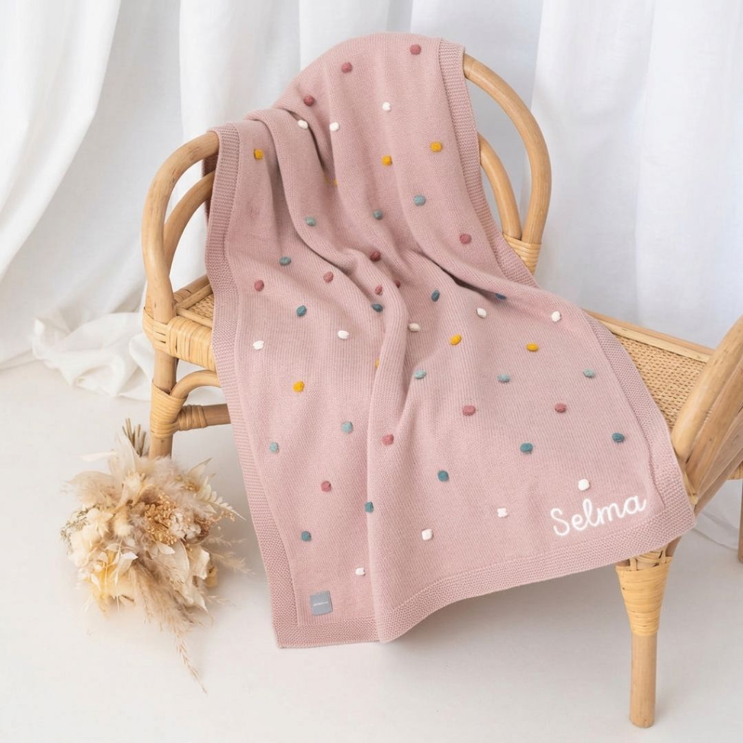 LÄSSIG Baby Strickdecke rosa mit bunten Punkten personalisiert - wunderwunsch