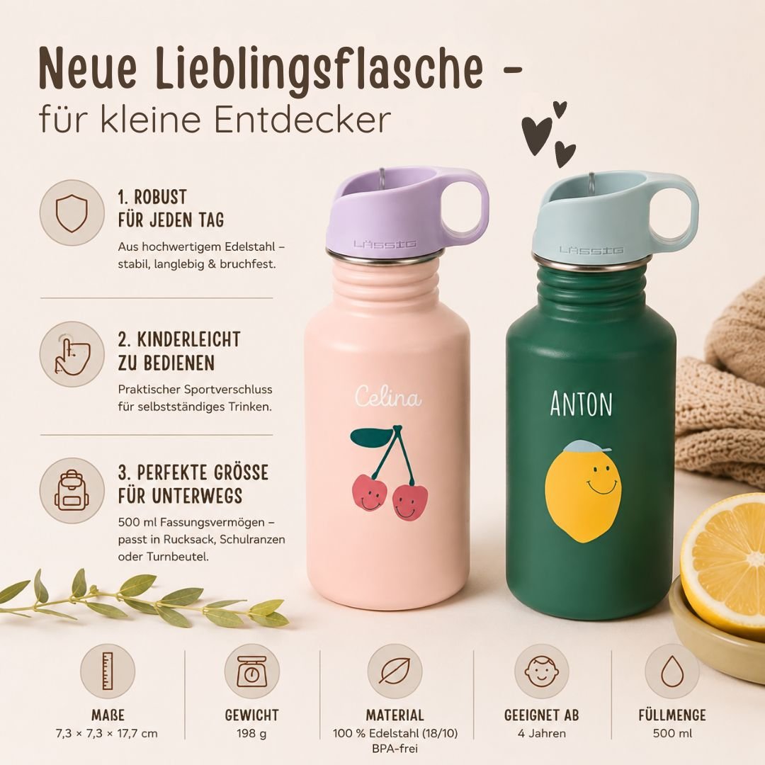 LÄSSIG Edelstahl Kinder Trinkflasche personalisiert - Happy Fruits - wunderwunsch