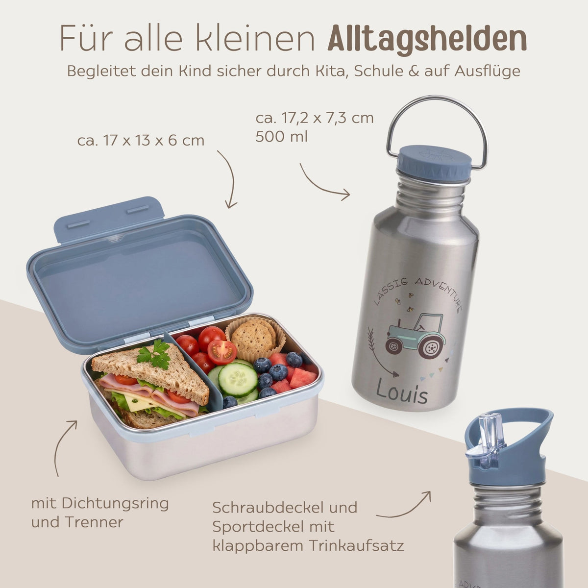 LÄSSIG Lunch-Set - Brotdose & Trinkflasche - Traktor blau - wunderwunsch