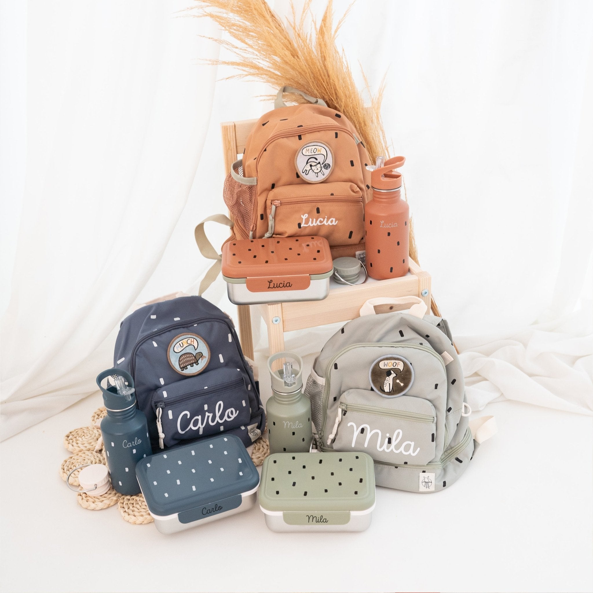 Lässig Kindergarten - Set "Punkte rund" - Rucksack, Trinkflasche & Lunchbox - wunderwunsch