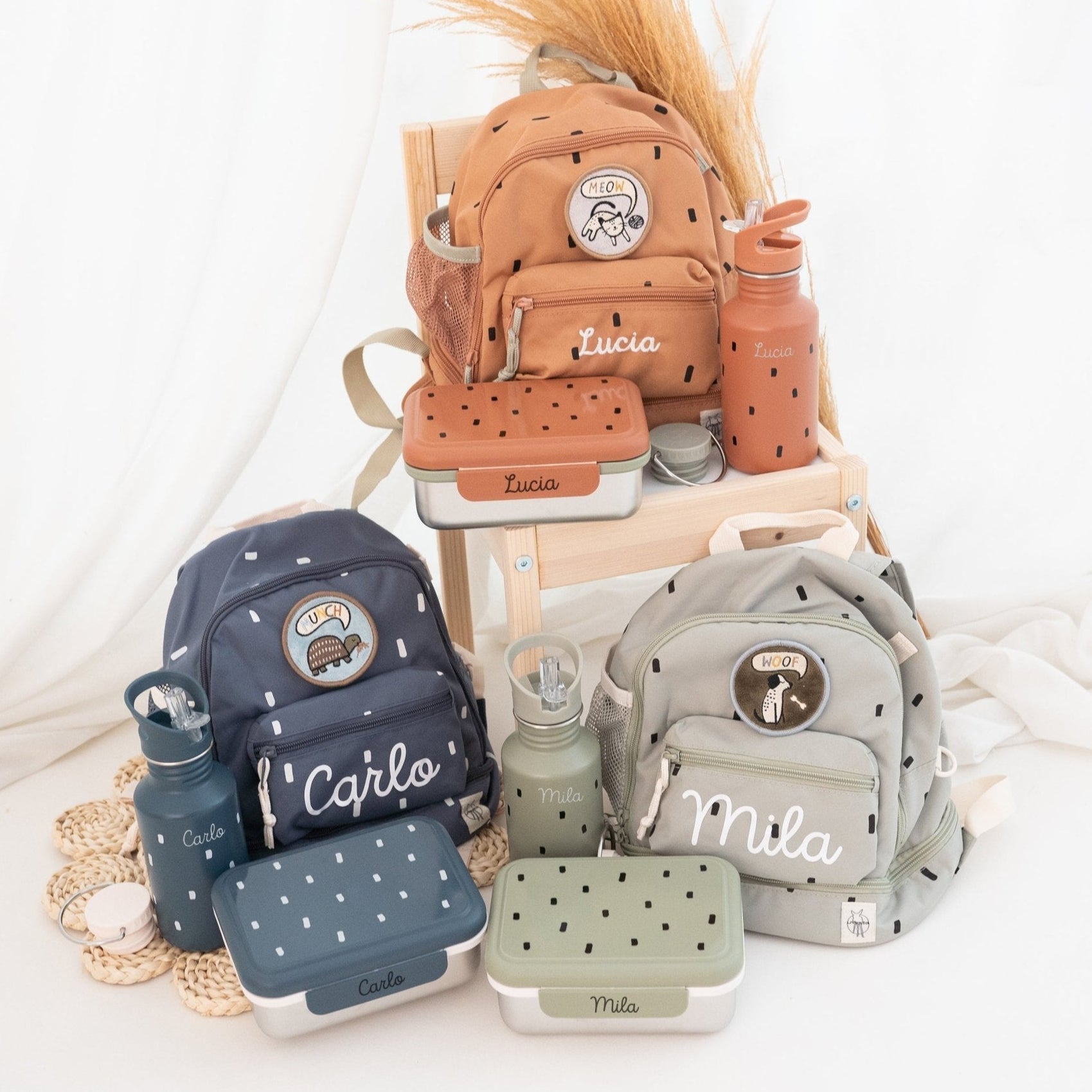 Lässig Kindergarten - Set "Punkte rund" - Rucksack, Trinkflasche & Lunchbox - wunderwunsch