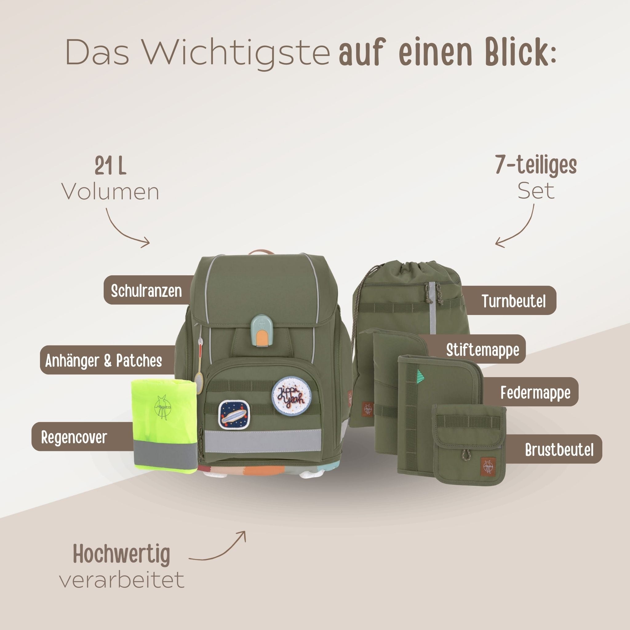 LÄSSIG Schulranzen Set 7 - teilig - Olive - wunderwunsch