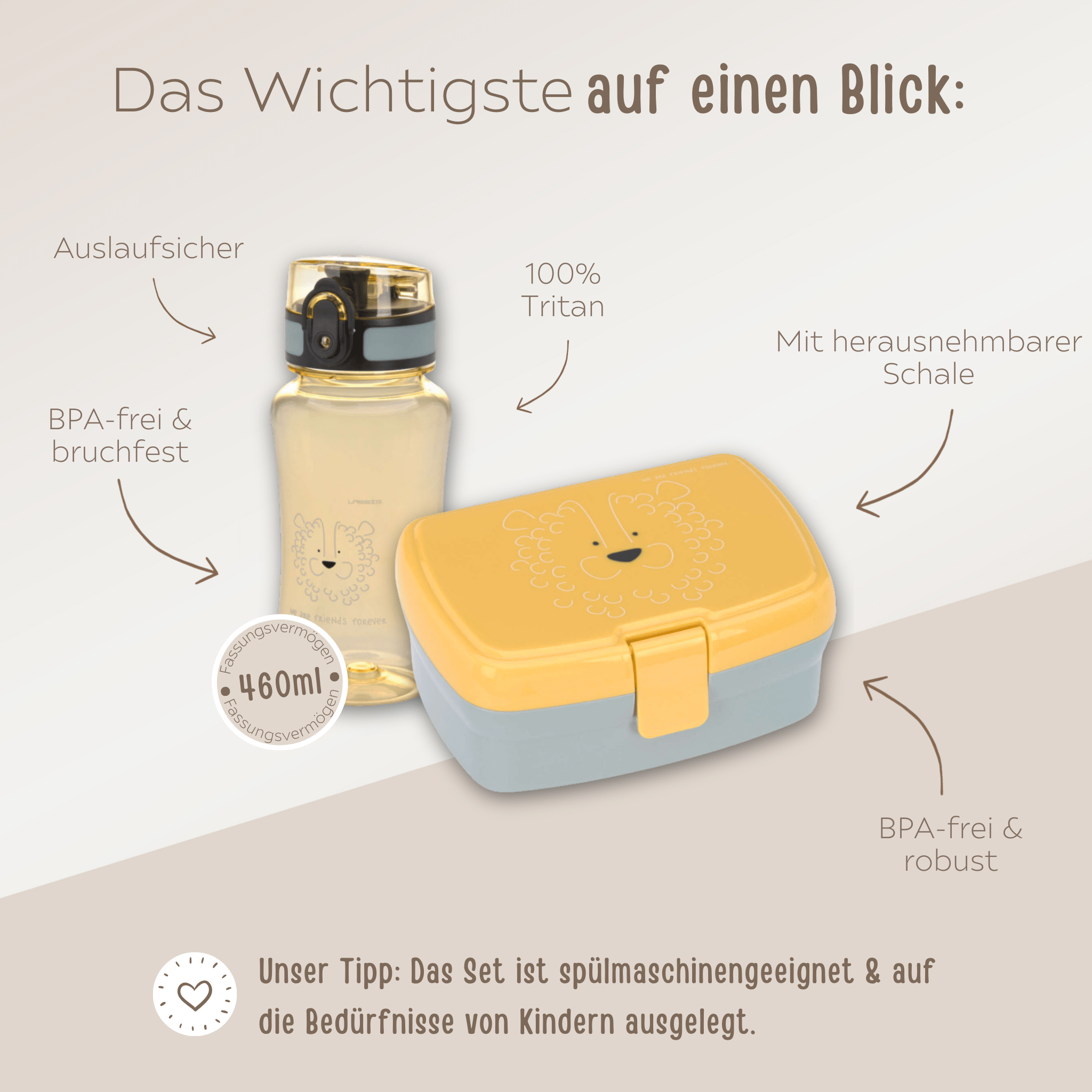LÄSSIG Set Trinkflasche & Lunchbox - Löwe - wunderwunsch