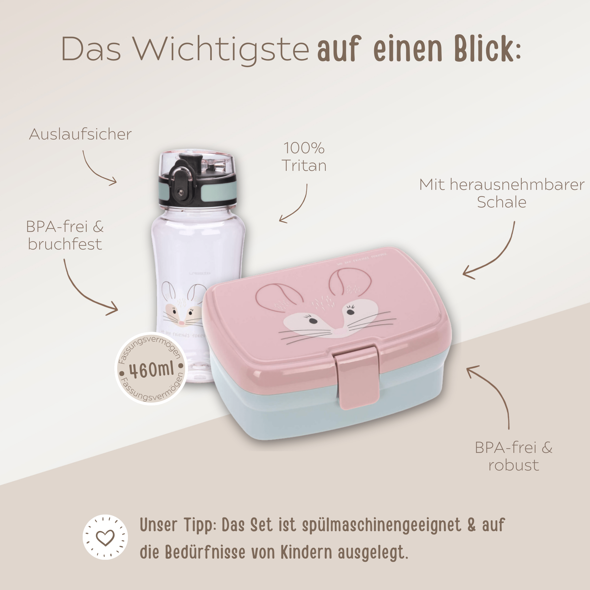 LÄSSIG Set Trinkflasche & Lunchbox - Maus - wunderwunsch