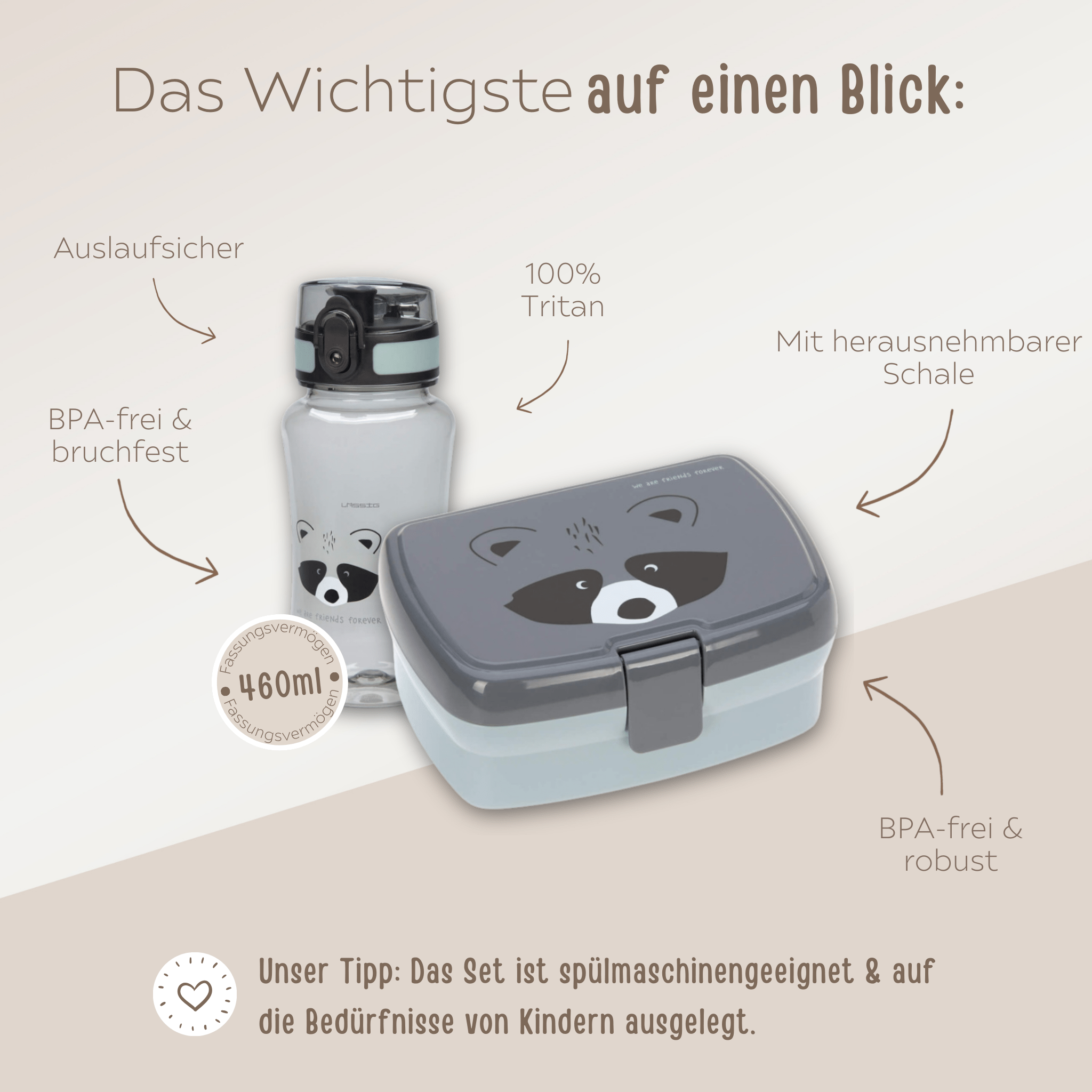 LÄSSIG Set Trinkflasche & Lunchbox - Waschbär - wunderwunsch
