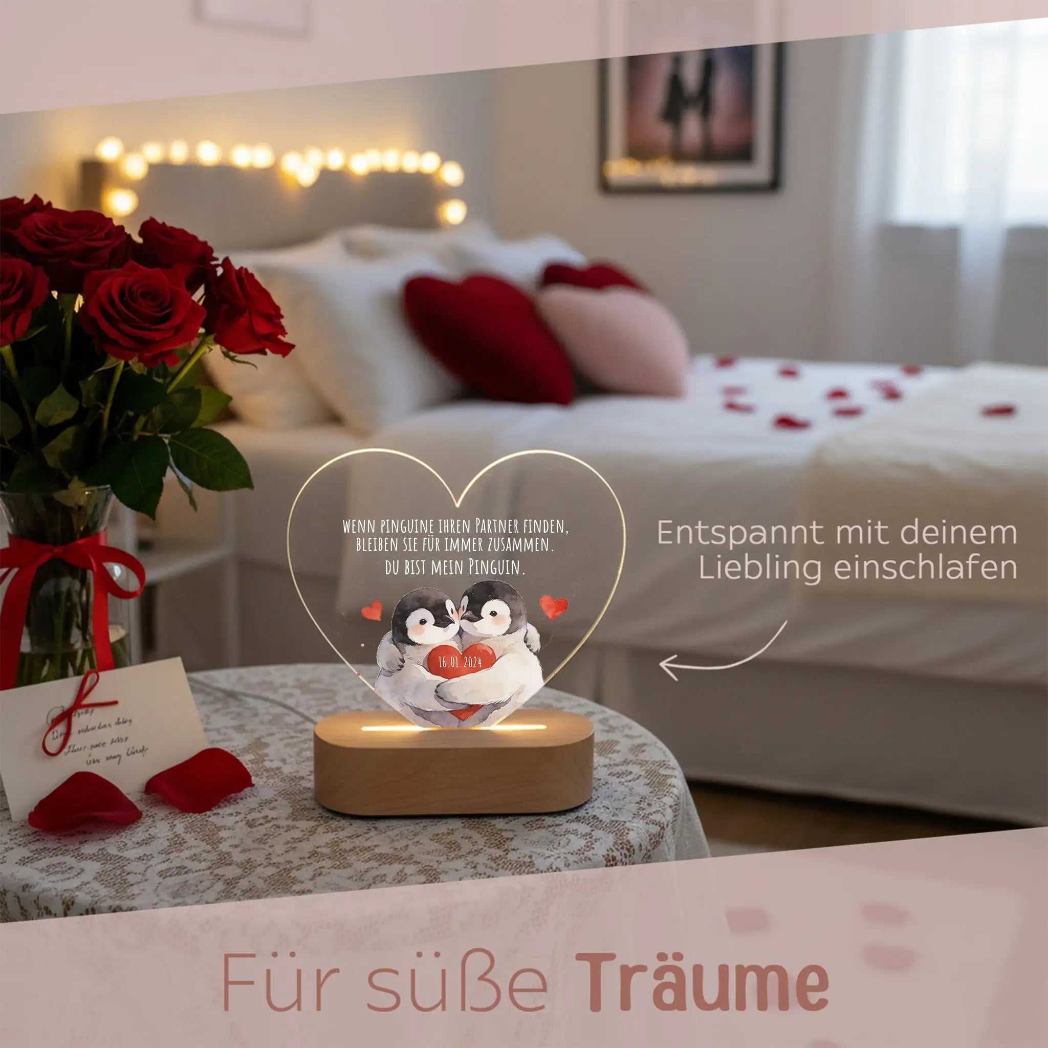 LED Nachtlicht Herz - Pinguine für Immer - wunderwunsch