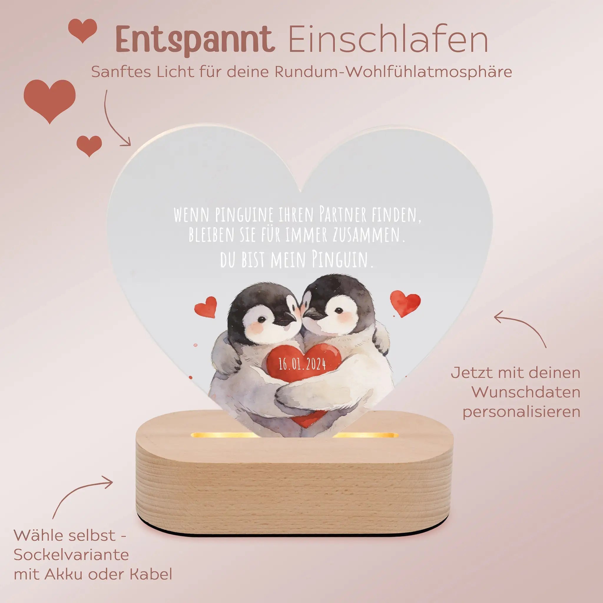 LED Nachtlicht Herz - Pinguine für Immer - wunderwunsch
