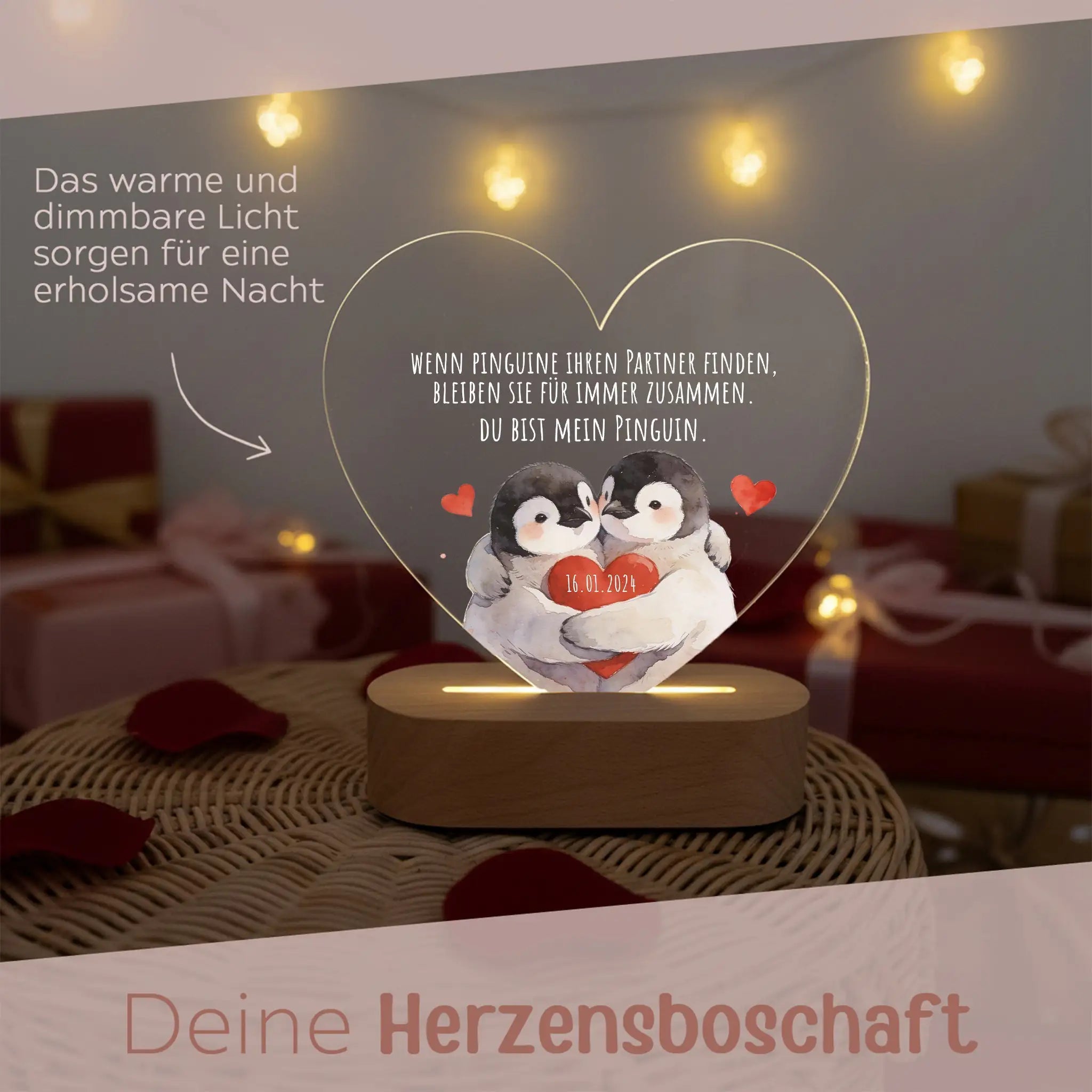 LED Nachtlicht Herz - Pinguine für Immer - wunderwunsch