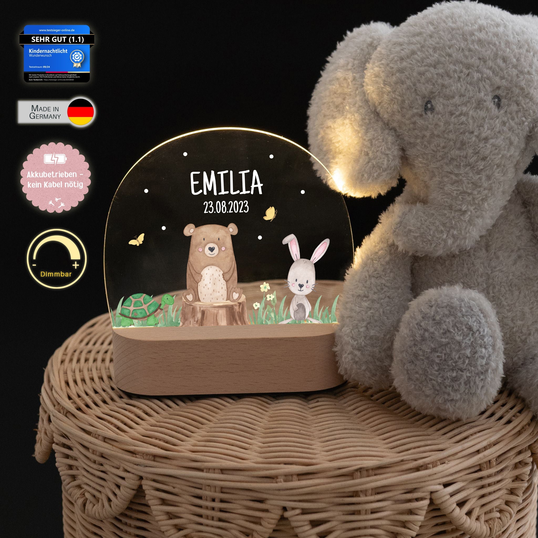 LED Nachtlicht Kinder personalisiert - Bär auf Baumstamm Aquarell - wunderwunsch