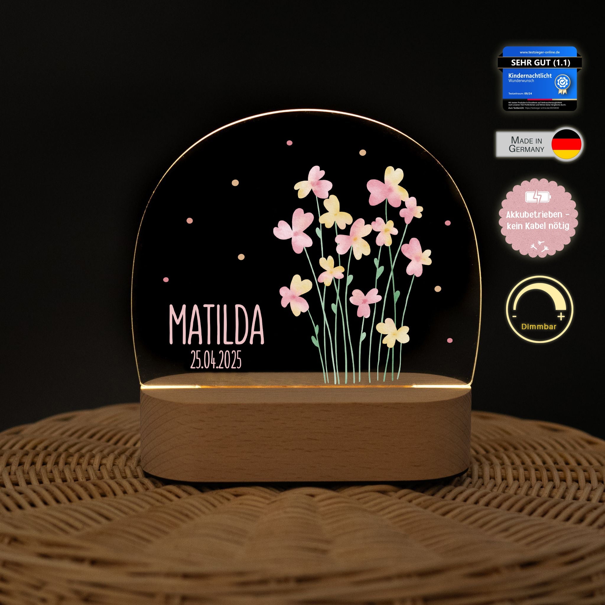 LED Nachtlicht Kinder personalisiert - Blumen rosa Aquarell - wunderwunsch
