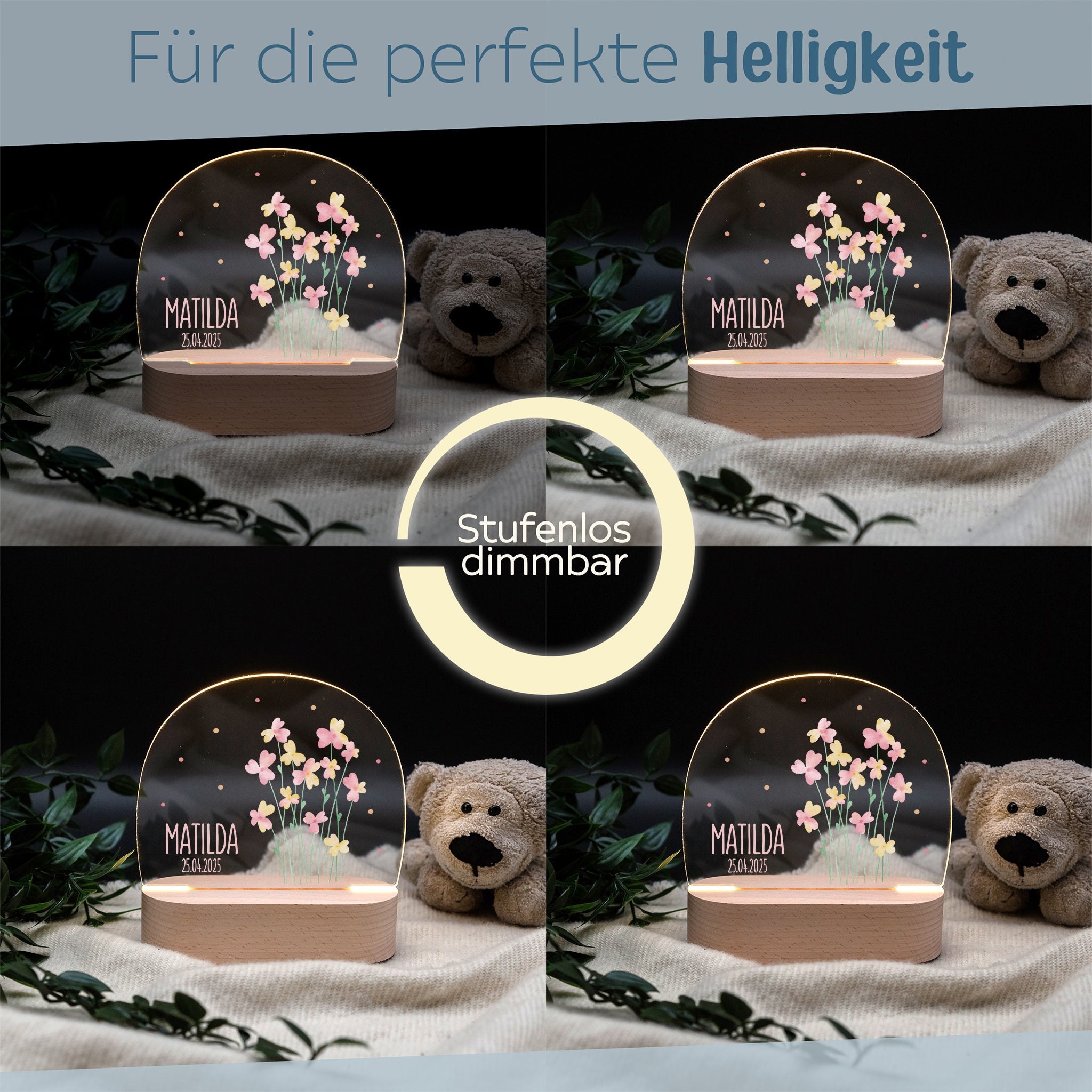LED Nachtlicht Kinder personalisiert - Blumen rosa Aquarell - wunderwunsch