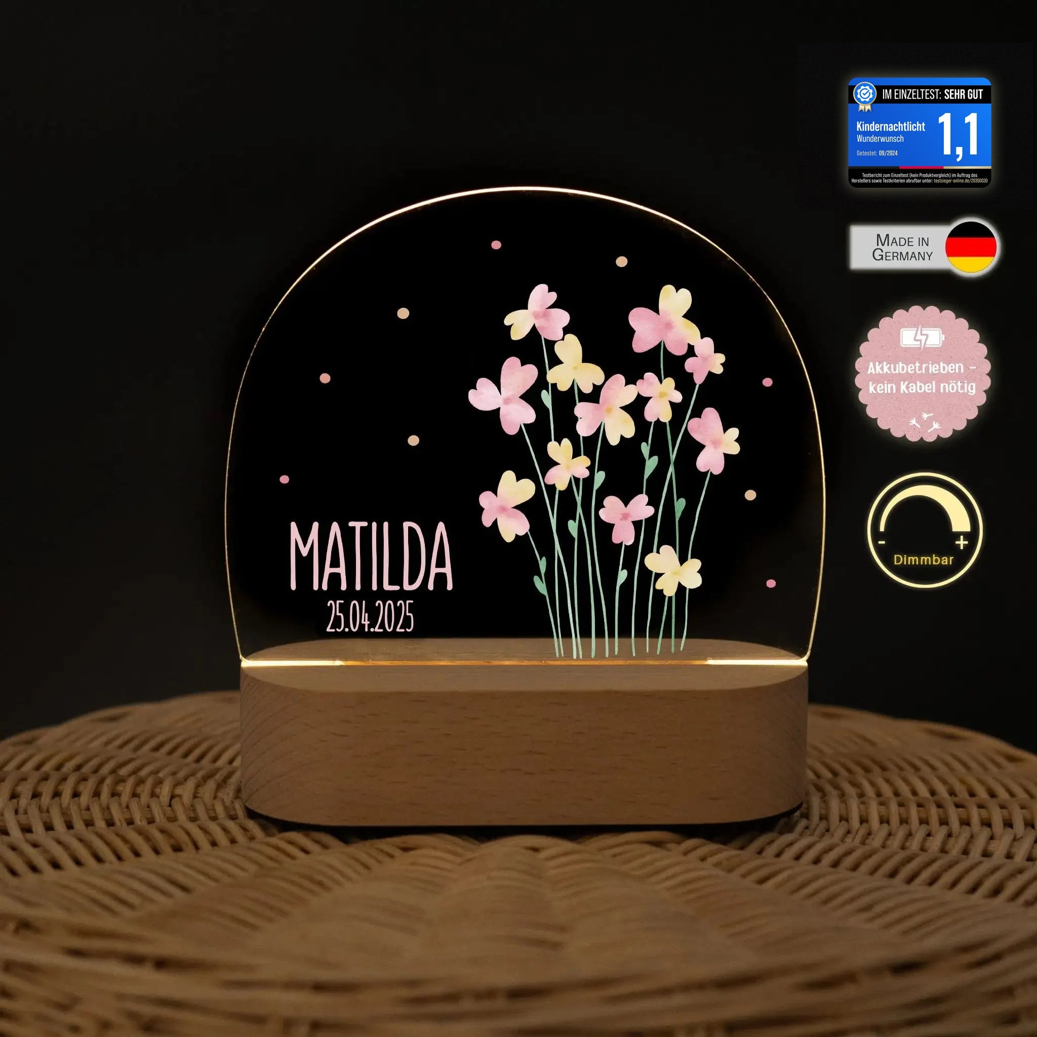 LED Nachtlicht Kinder personalisiert - Blumen rosa Aquarell - wunderwunsch