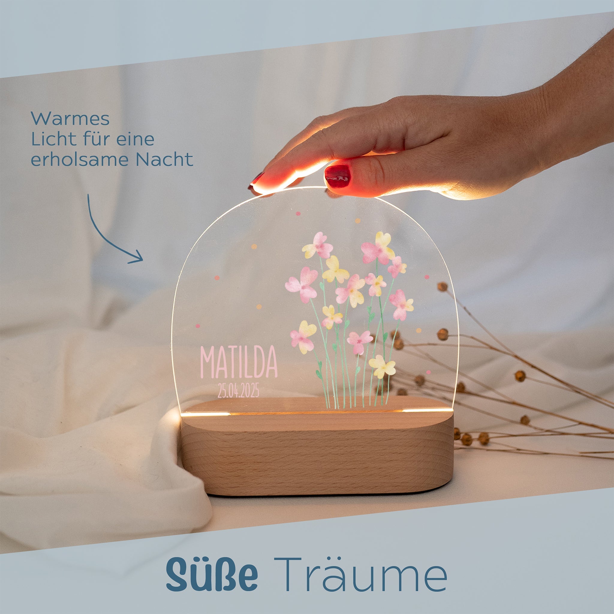LED Nachtlicht Kinder personalisiert - Blumen rosa Aquarell - wunderwunsch