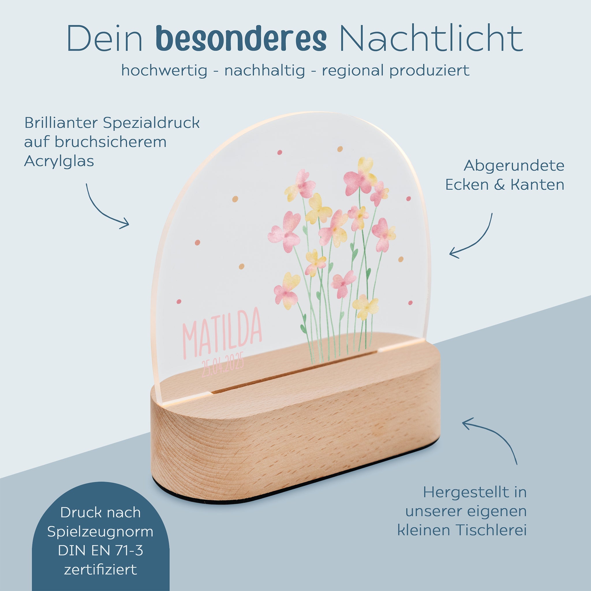 LED Nachtlicht Kinder personalisiert - Blumen rosa Aquarell - wunderwunsch