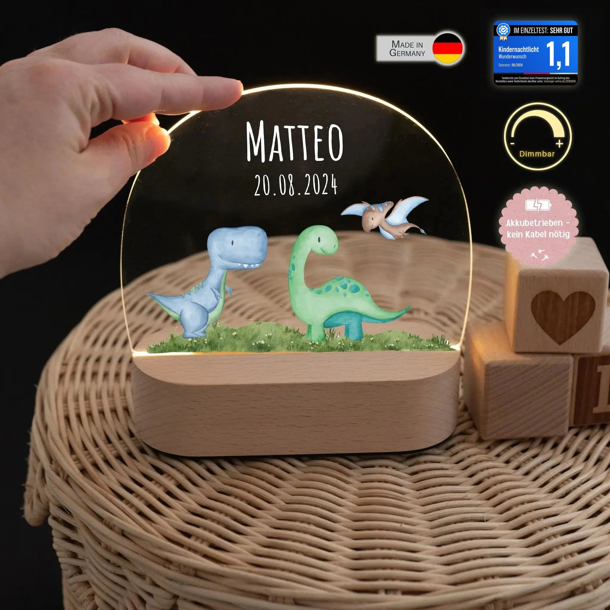 LED Nachtlicht Kinder personalisiert - Dinos Wiese Aquarell - wunderwunsch