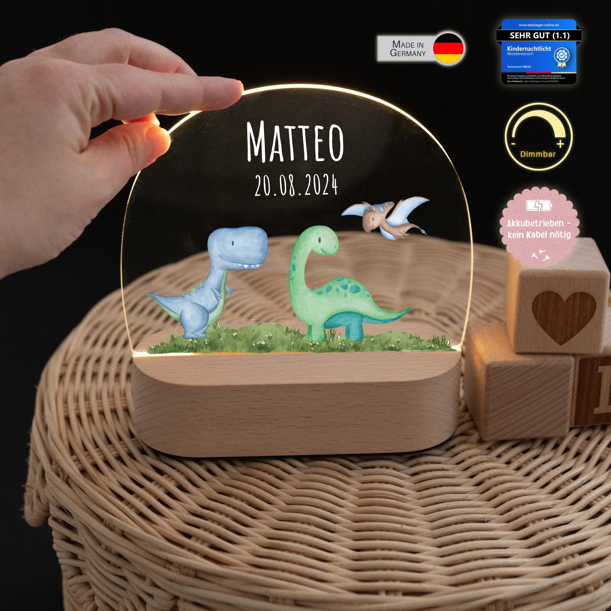 LED Nachtlicht Kinder personalisiert - Dinos Wiese Aquarell - wunderwunsch