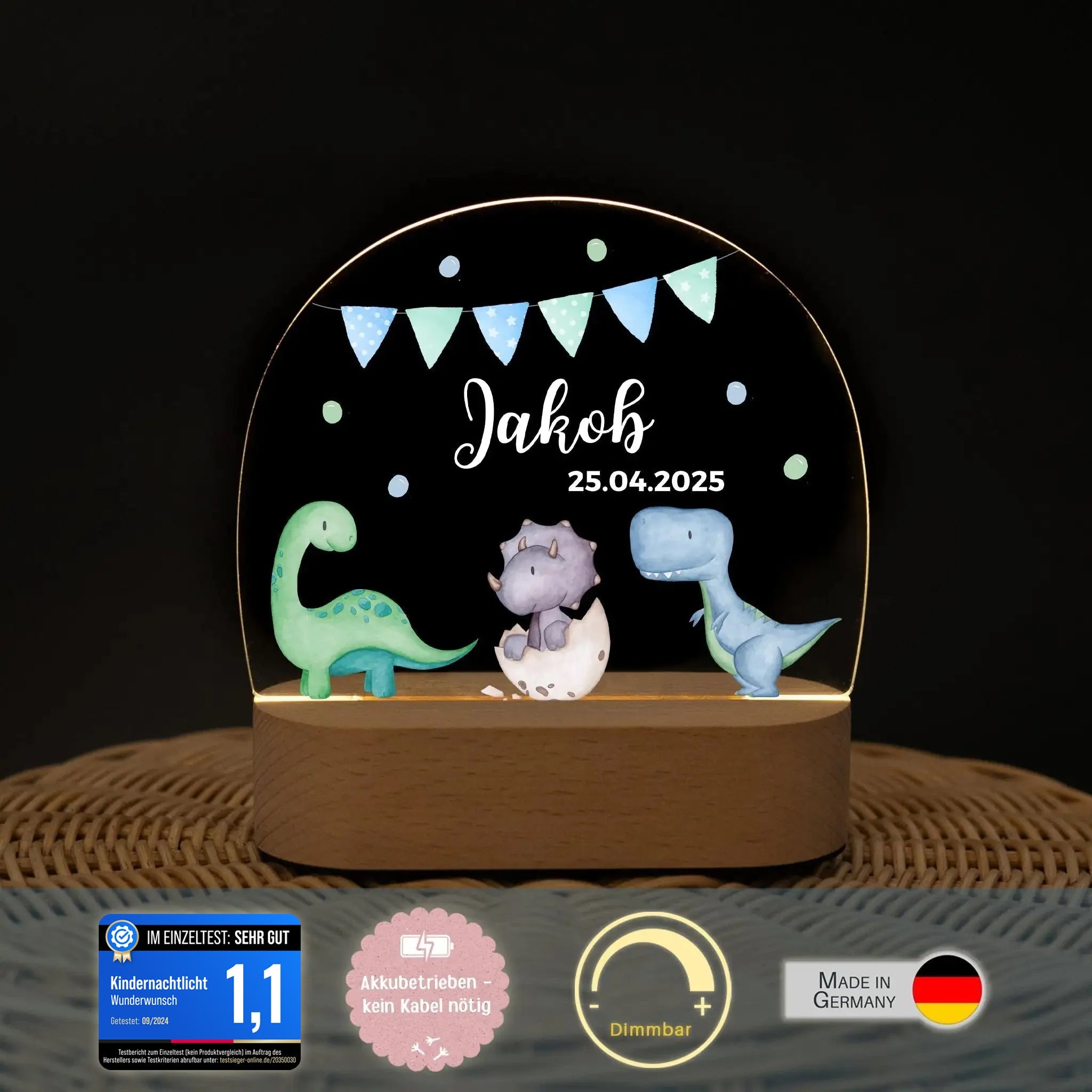 LED Nachtlicht Kinder personalisiert - Dinosaurier Girlande Aquarell - wunderwunsch