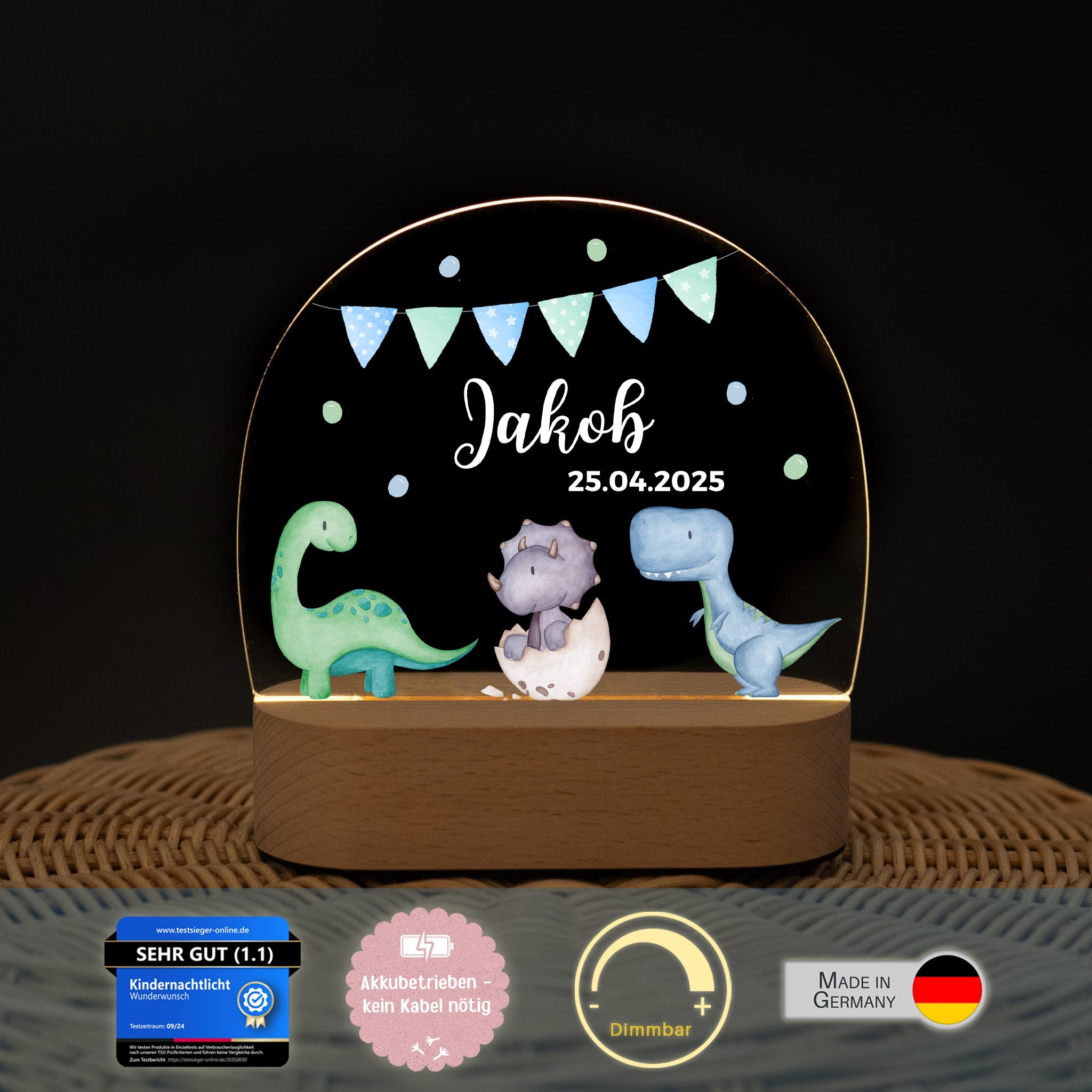 LED Nachtlicht Kinder personalisiert - Dinosaurier Girlande Aquarell - wunderwunsch