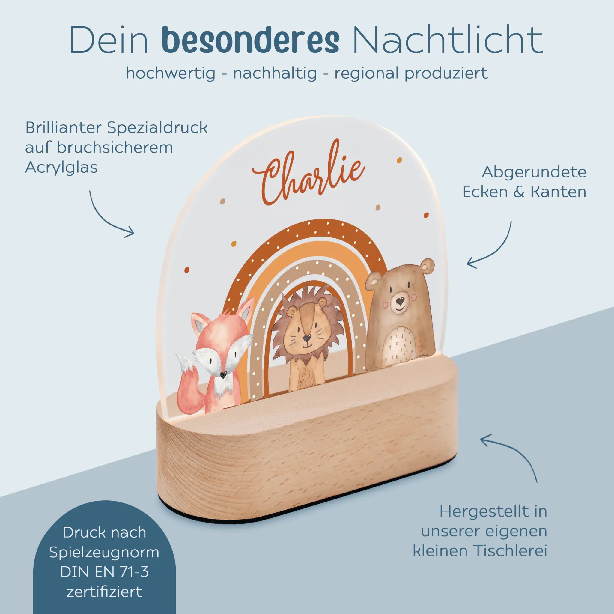 LED Nachtlicht Kinder personalisiert - Fuchs, Löwe, Bär Regenbogen Aquarell - wunderwunsch