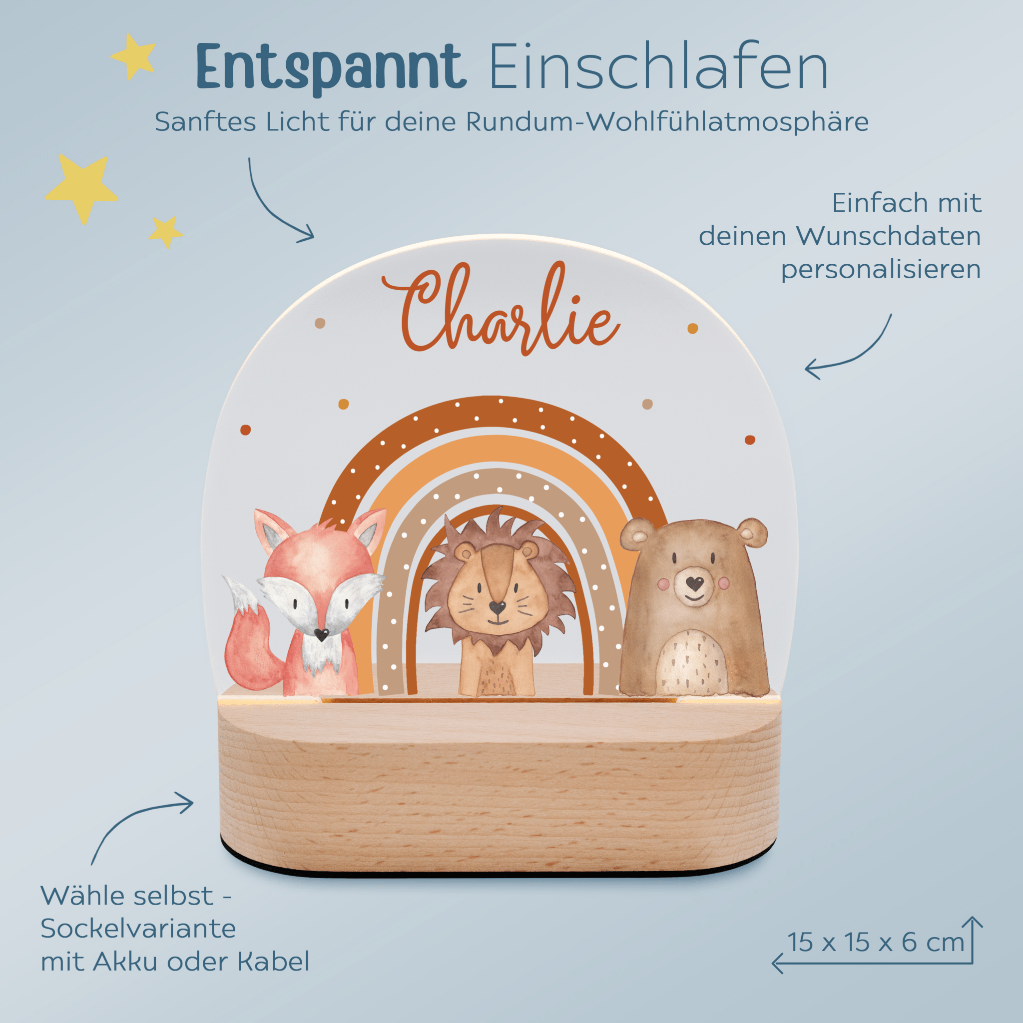 LED Nachtlicht Kinder personalisiert - Fuchs, Löwe, Bär Regenbogen Aquarell - wunderwunsch