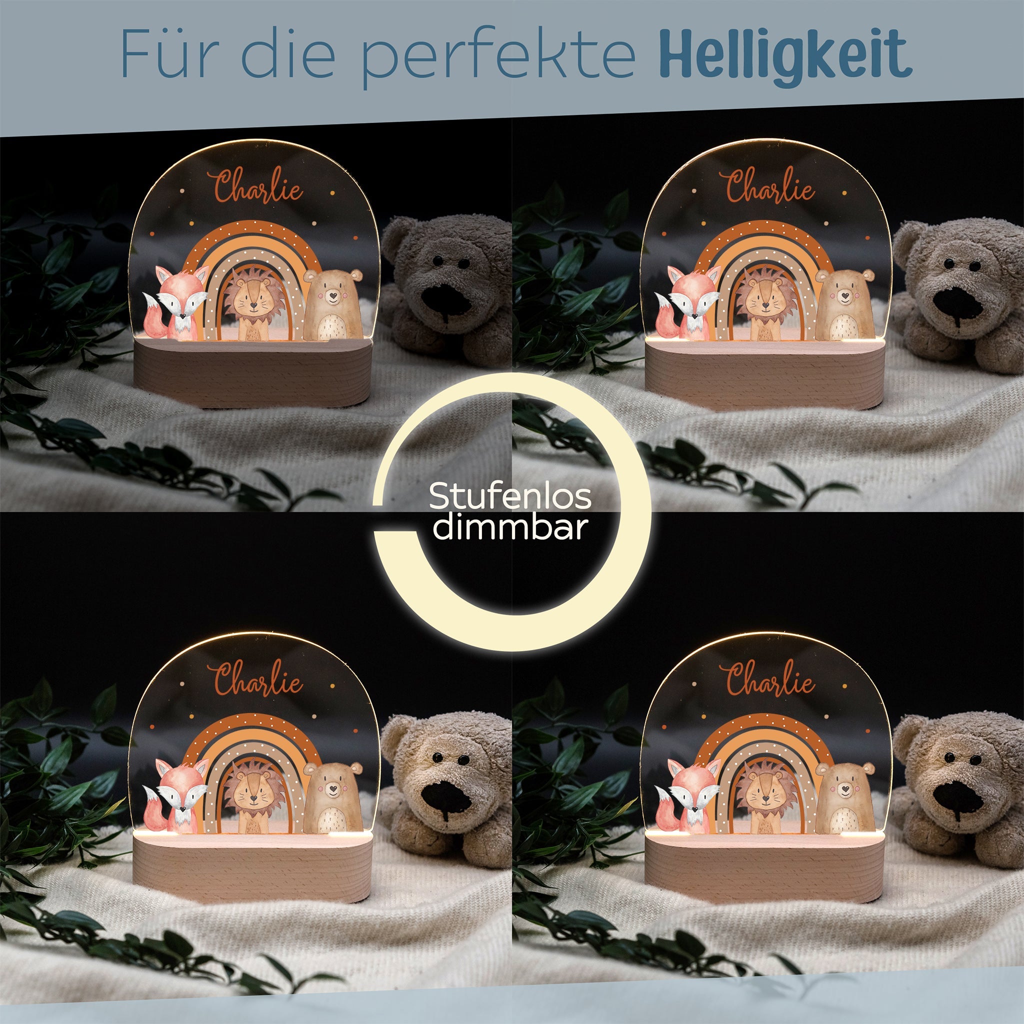 LED Nachtlicht Kinder personalisiert - Fuchs, Löwe, Bär Regenbogen Aquarell - wunderwunsch