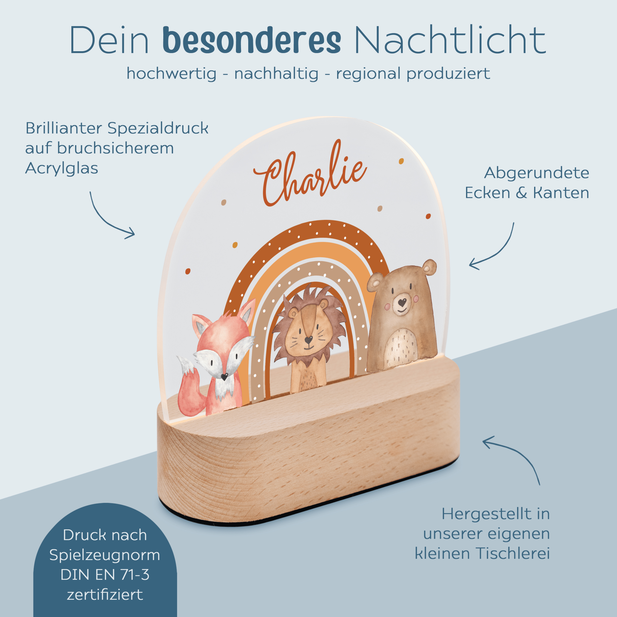 LED Nachtlicht Kinder personalisiert - Fuchs, Löwe, Bär Regenbogen Aquarell - wunderwunsch