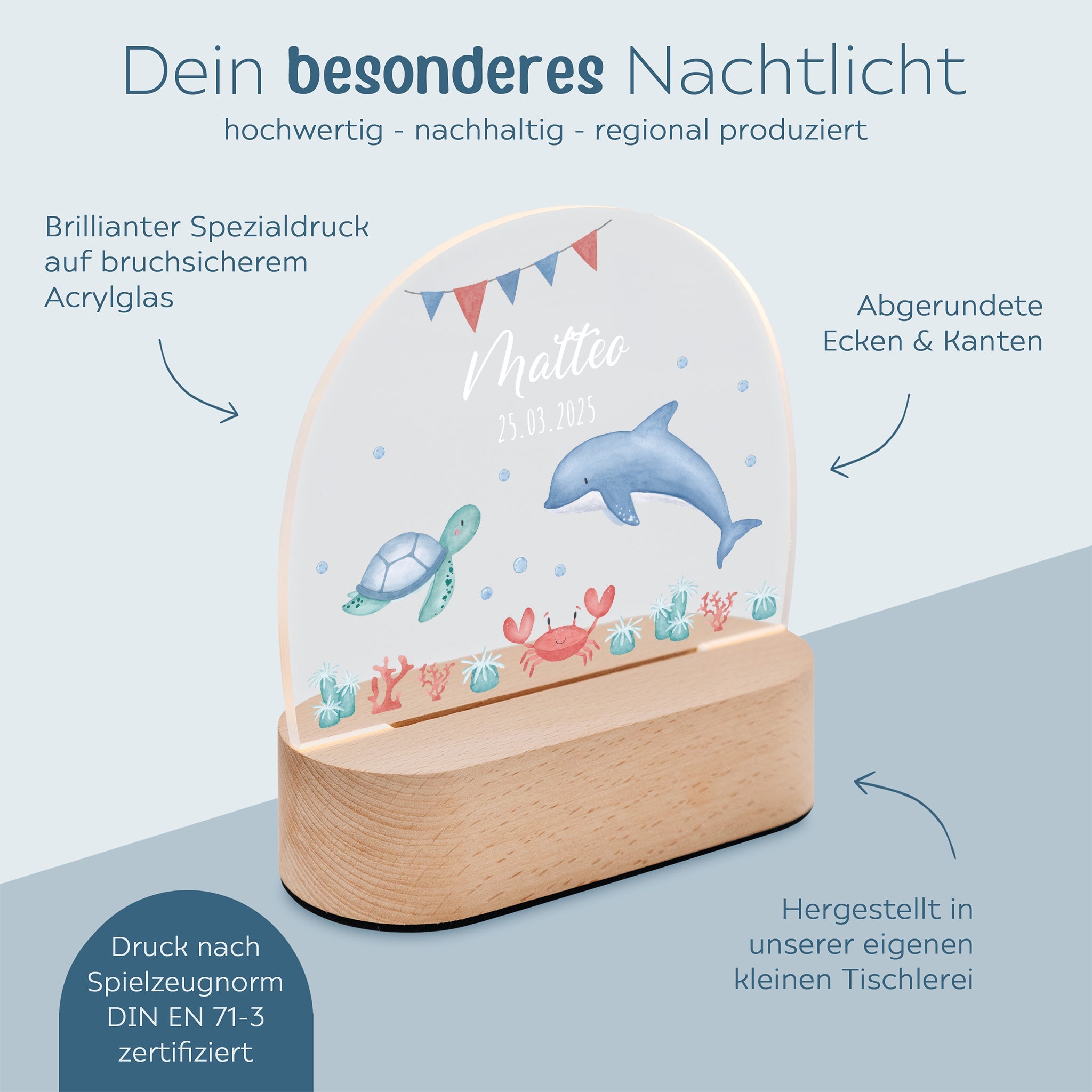 LED Nachtlicht Kinder personalisiert - Meerestiere Girlande Aquarell - wunderwunsch