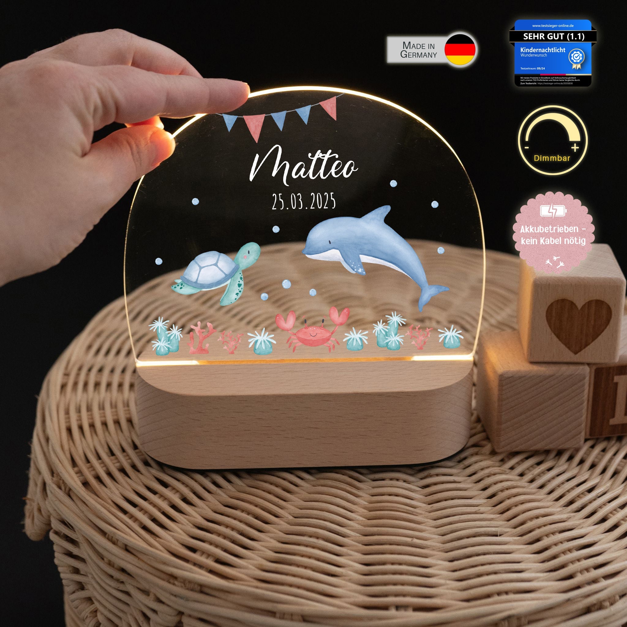 LED Nachtlicht Kinder personalisiert - Meerestiere Girlande Aquarell - wunderwunsch