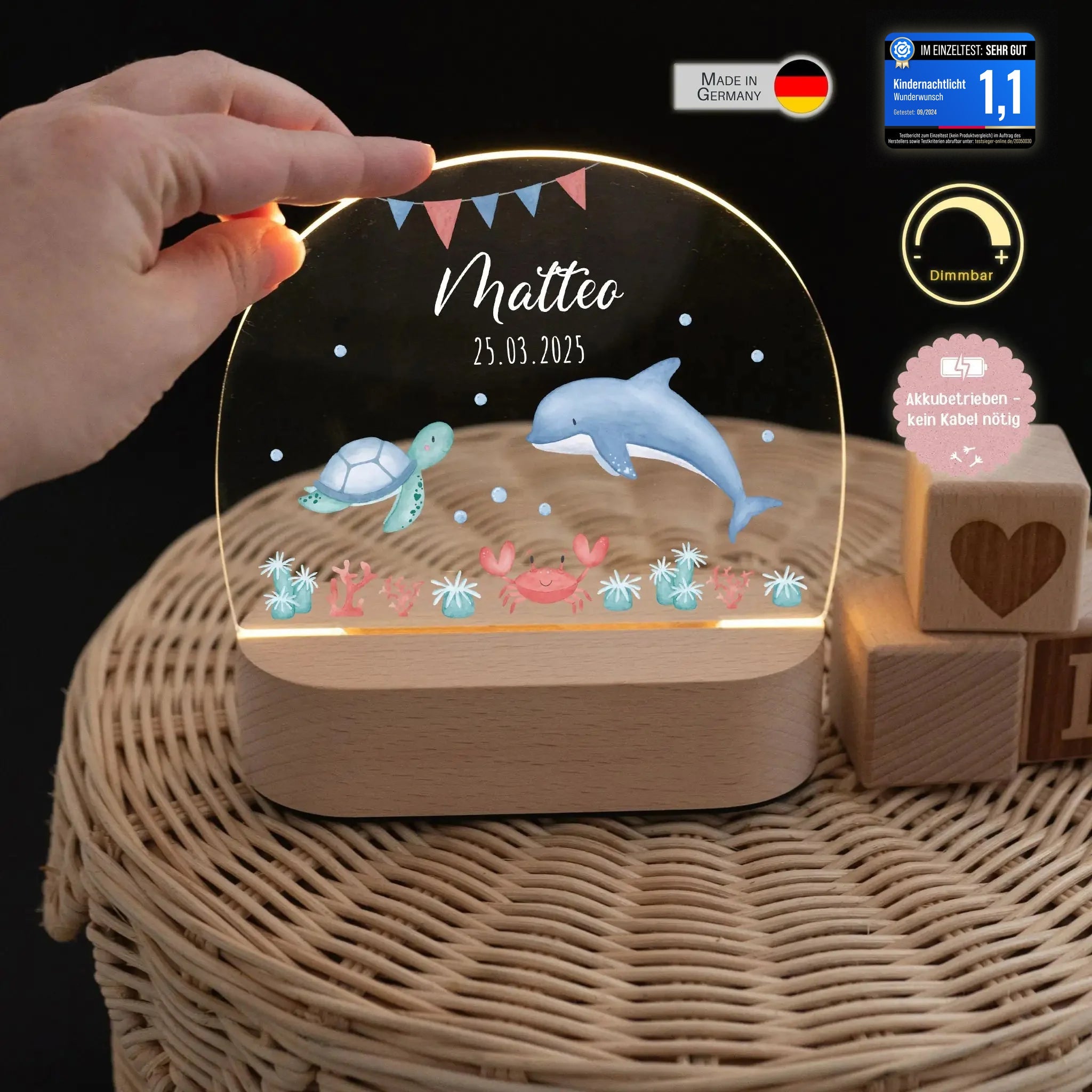 LED Nachtlicht Kinder personalisiert - Meerestiere Girlande Aquarell - wunderwunsch
