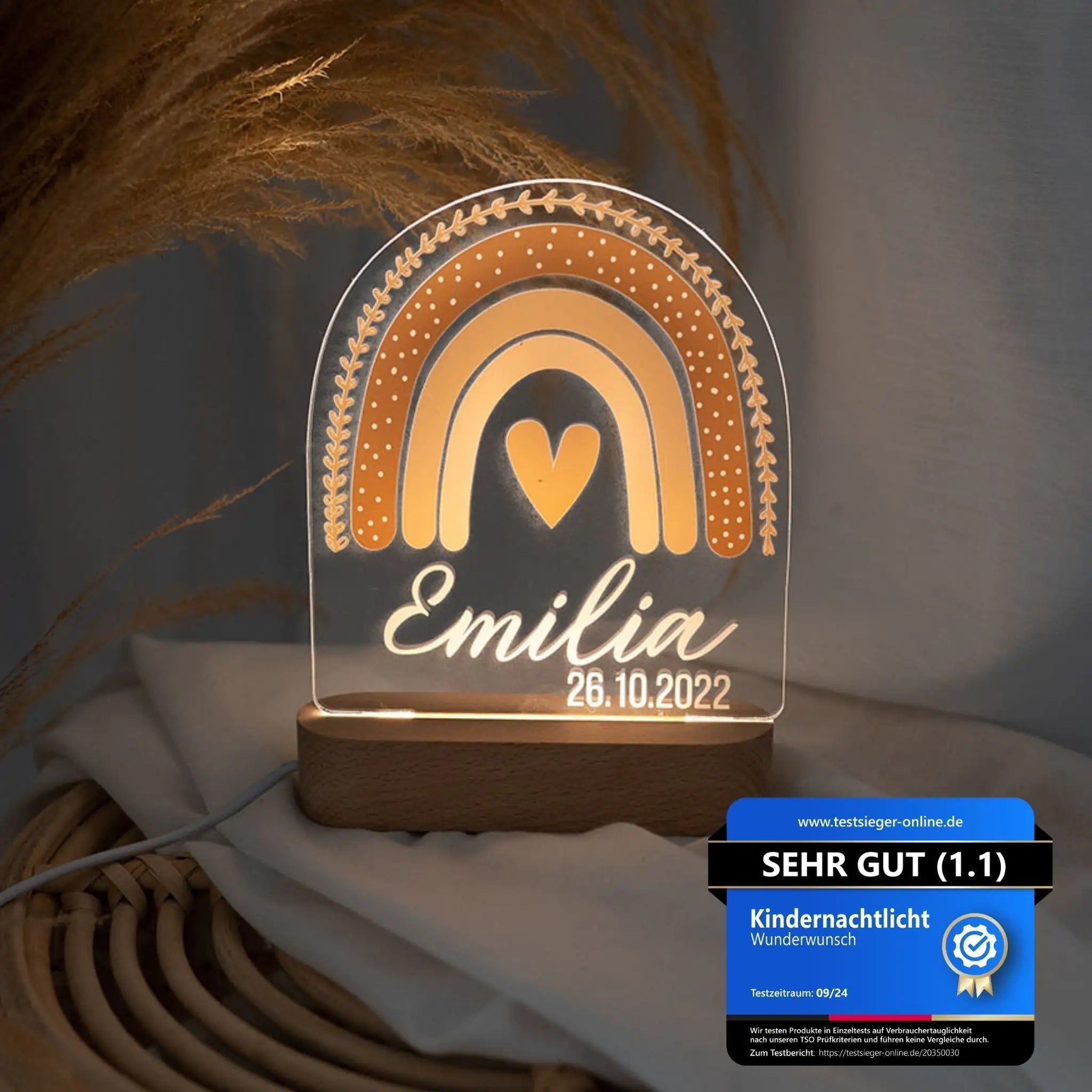 LED Nachtlicht Kinder personalisiert - Regenbogen Boho beige Aquarell - wunderwunsch