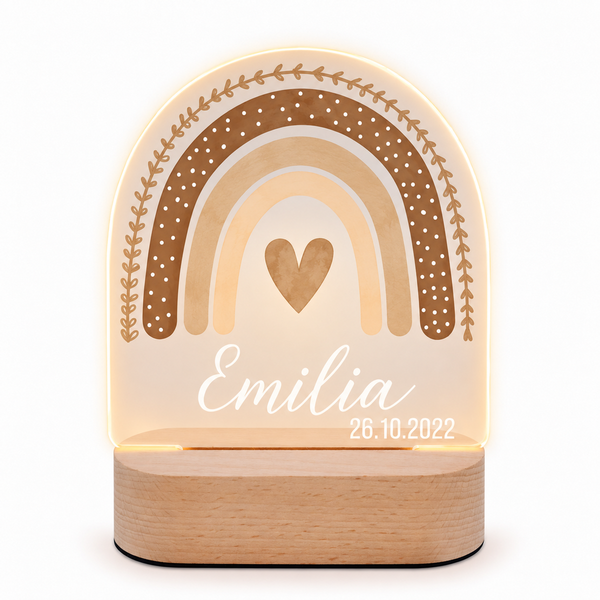 LED Nachtlicht Kinder personalisiert - Regenbogen Boho beige Aquarell